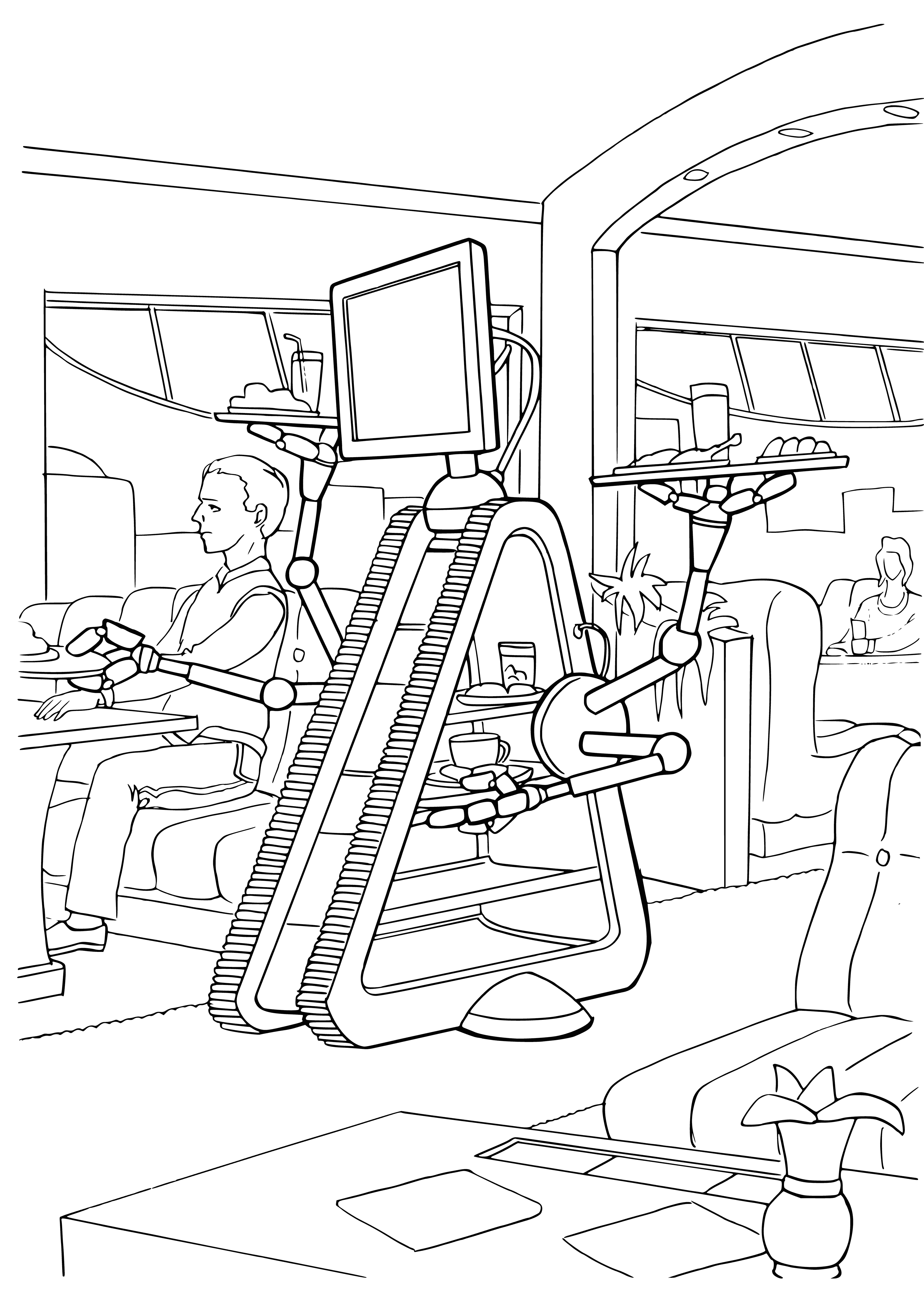 coloring page: Robot waiters with trays, scanners, & AI in restaurants of the future for faster, efficient, & accurate service.