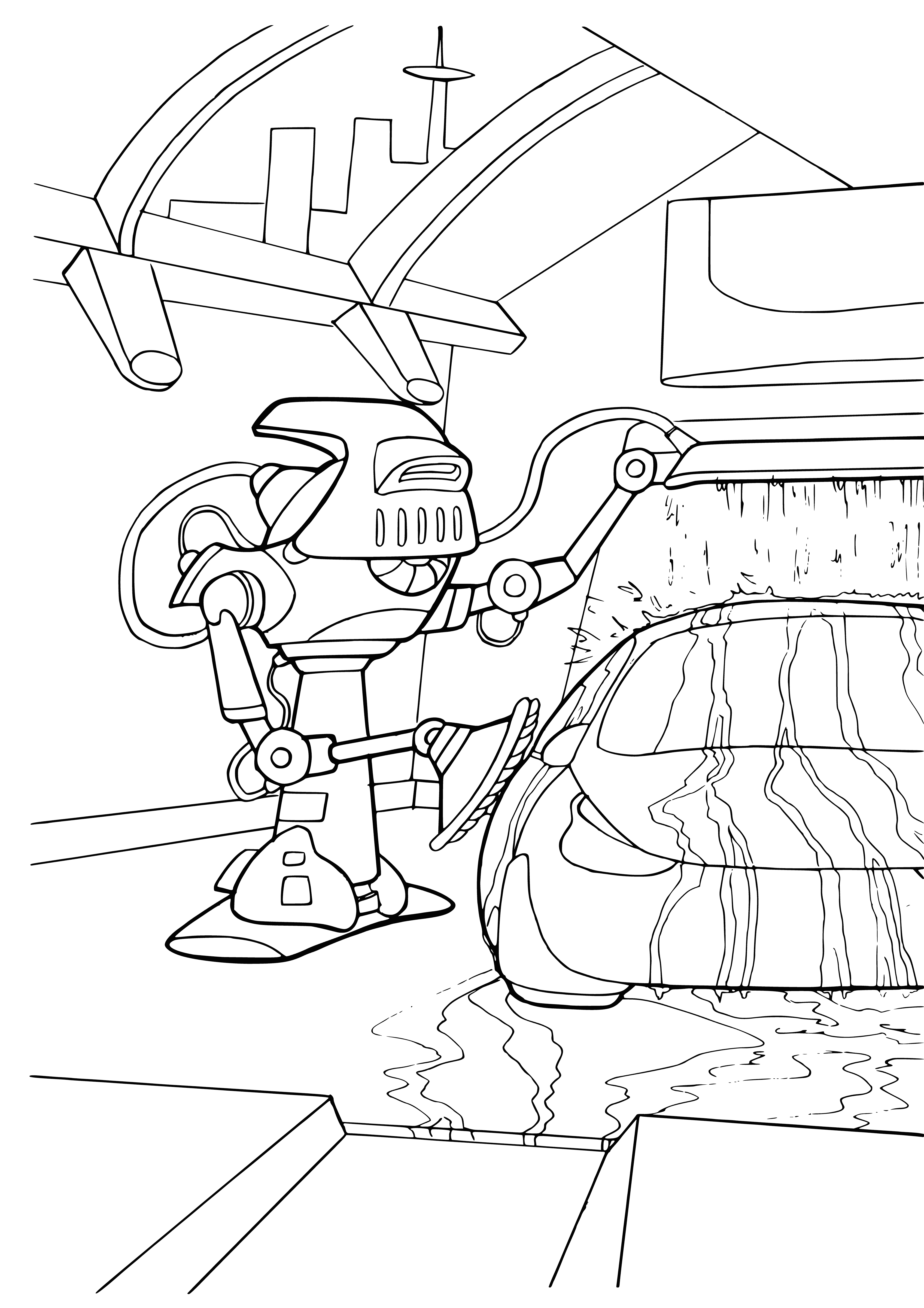 coloring page: Robot car wash uses robots equipped with brushes and cleaning solutions to wash the car's exterior and vacuums to clean its interior.