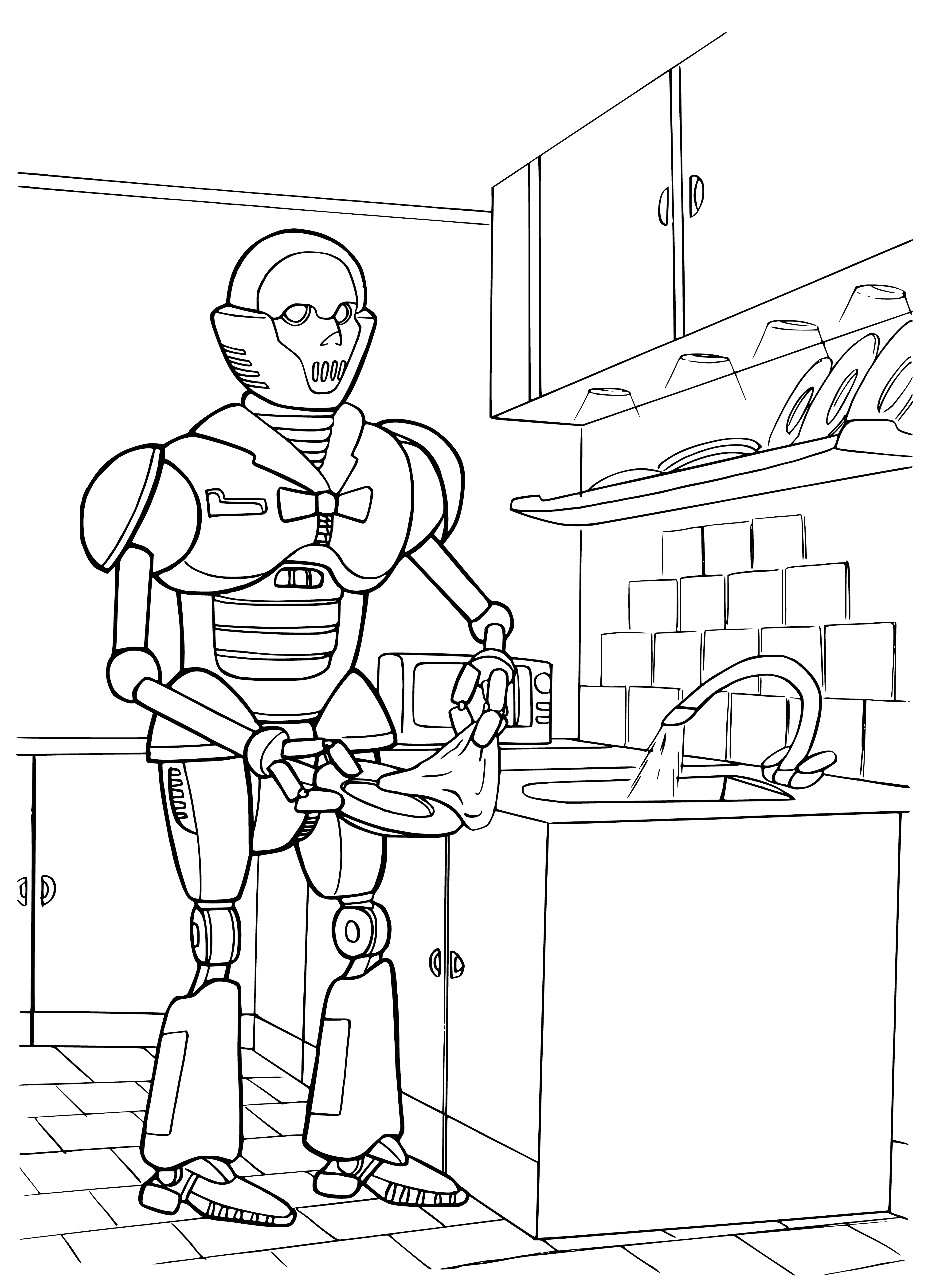 coloring page: Smart dishwasher can operate remotely using sensors & scrubbing arm, cleaning dishes w/out humans needed. #Robotics #SmartHome
