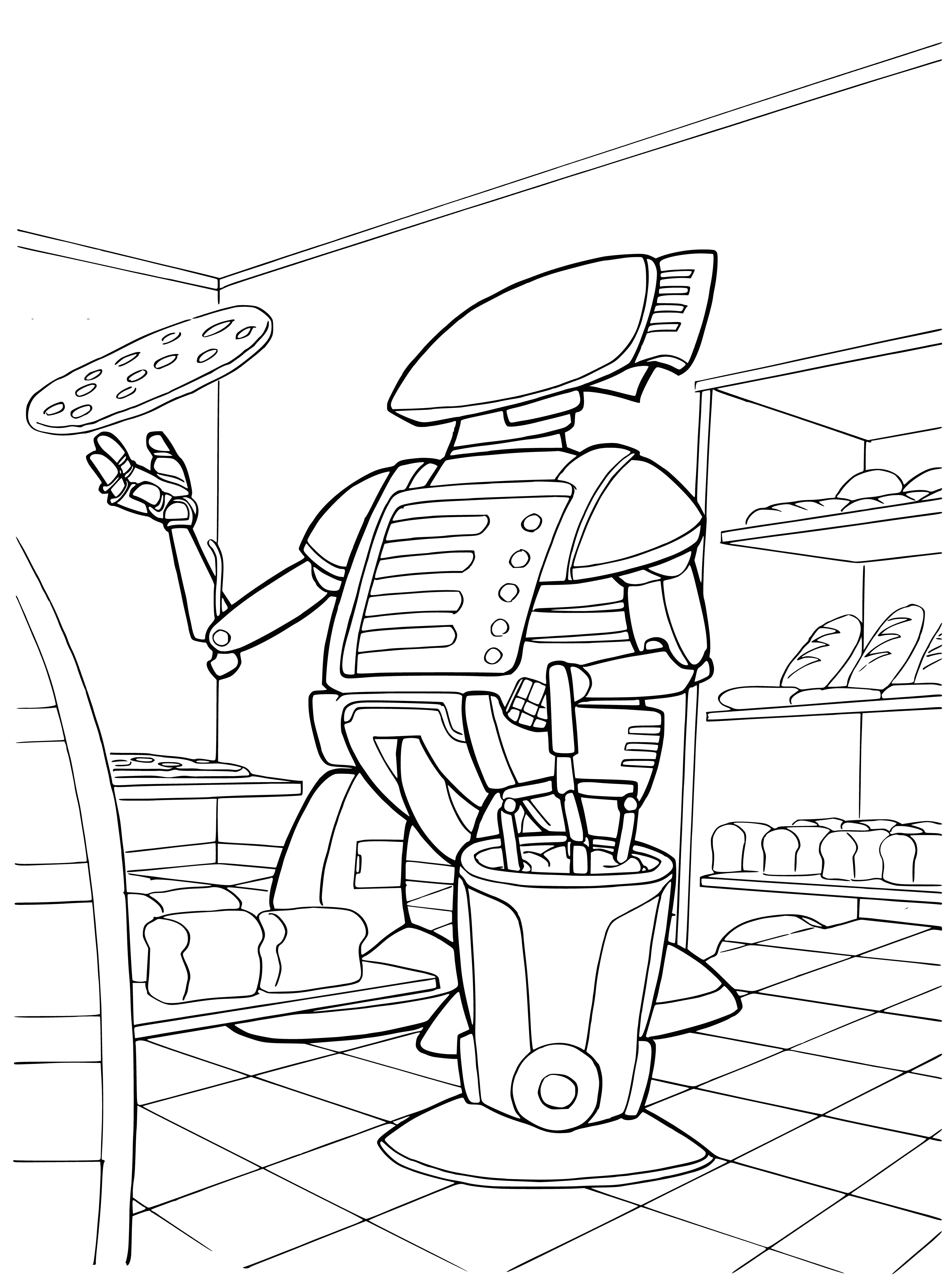 coloring page: Robot chef made of stainless steel capable of cooking meals & dishes from fresh ingredients & following recipes.