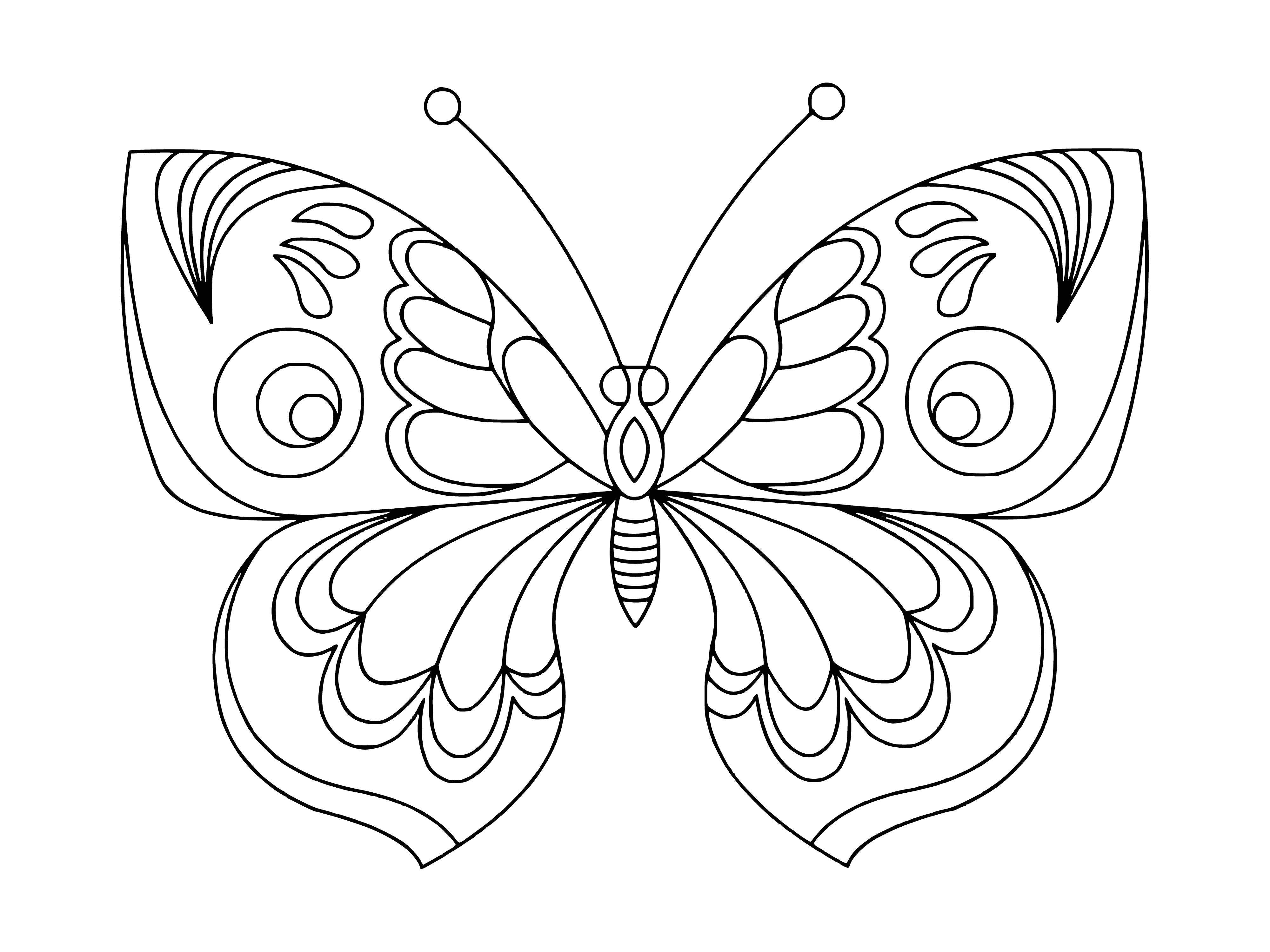 coloring page: Two brightly-colored butterflies resting on a pink flower. One is yellow/black and the other is orange/black.