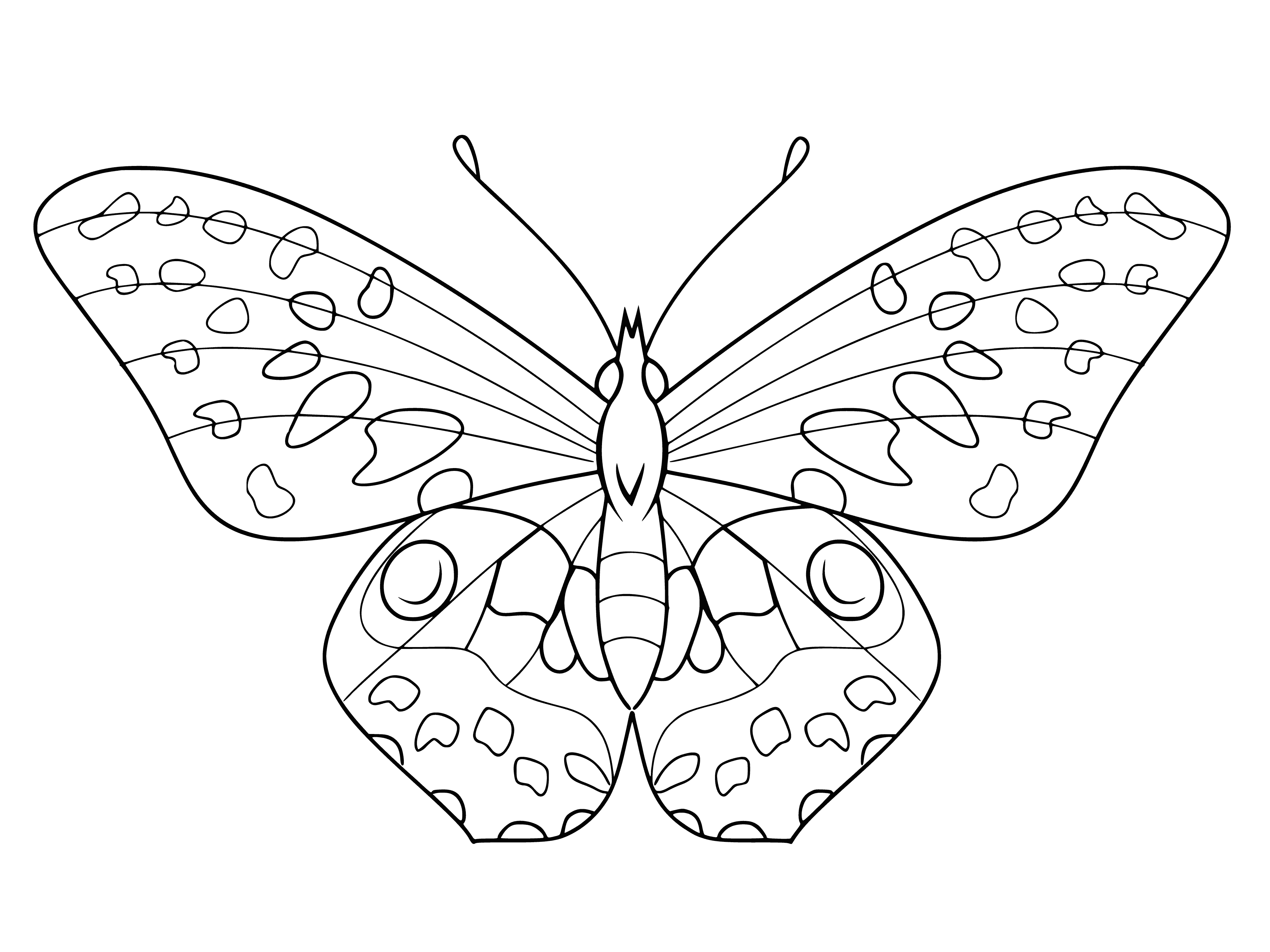 coloring page: -> 3 butterflies in a coloring page: 1 orange/black spots, 1 yellow/black stripes, 1 black/white spots, flying around a flower.
