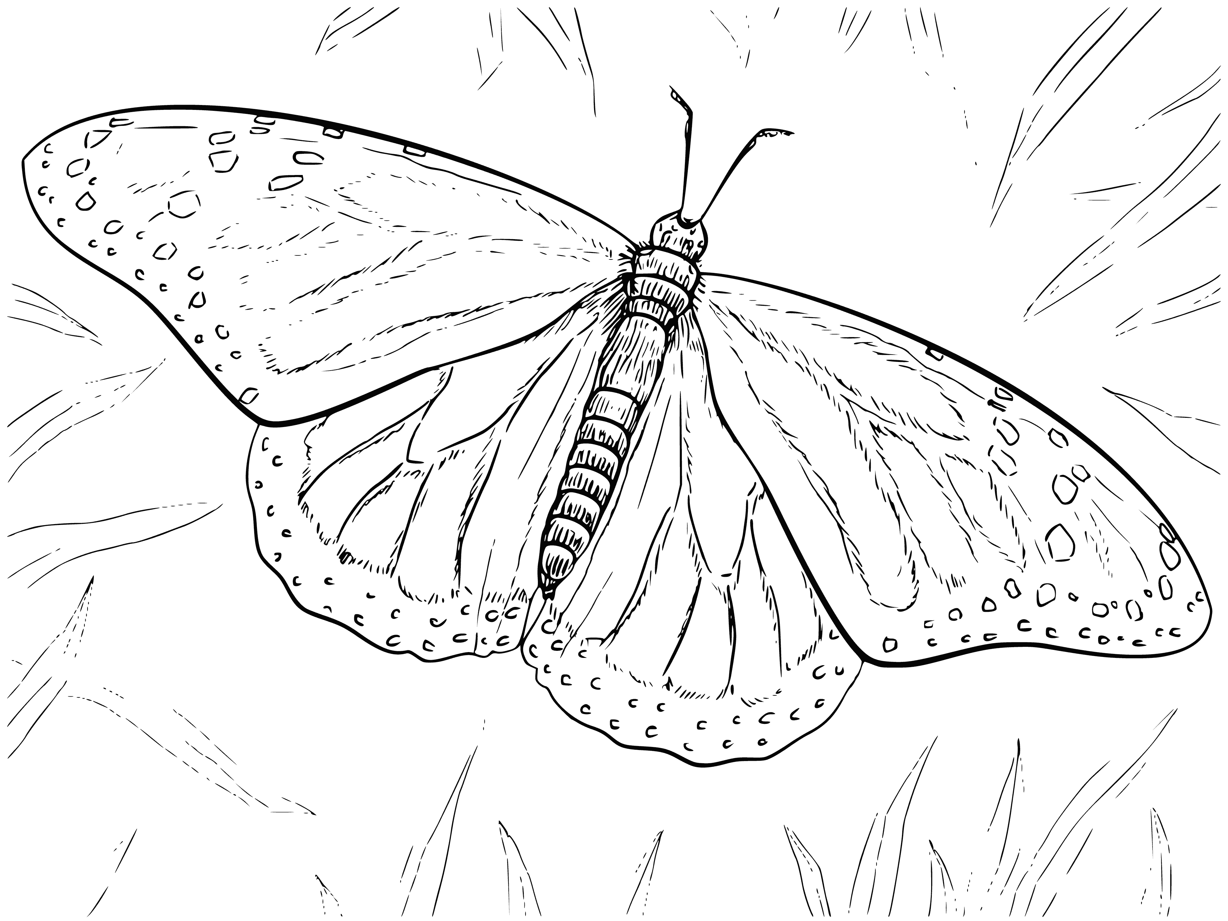 coloring page: Butterfly is flying flapping wings up/down, orange/black spots, two antennae on head. #butterflies