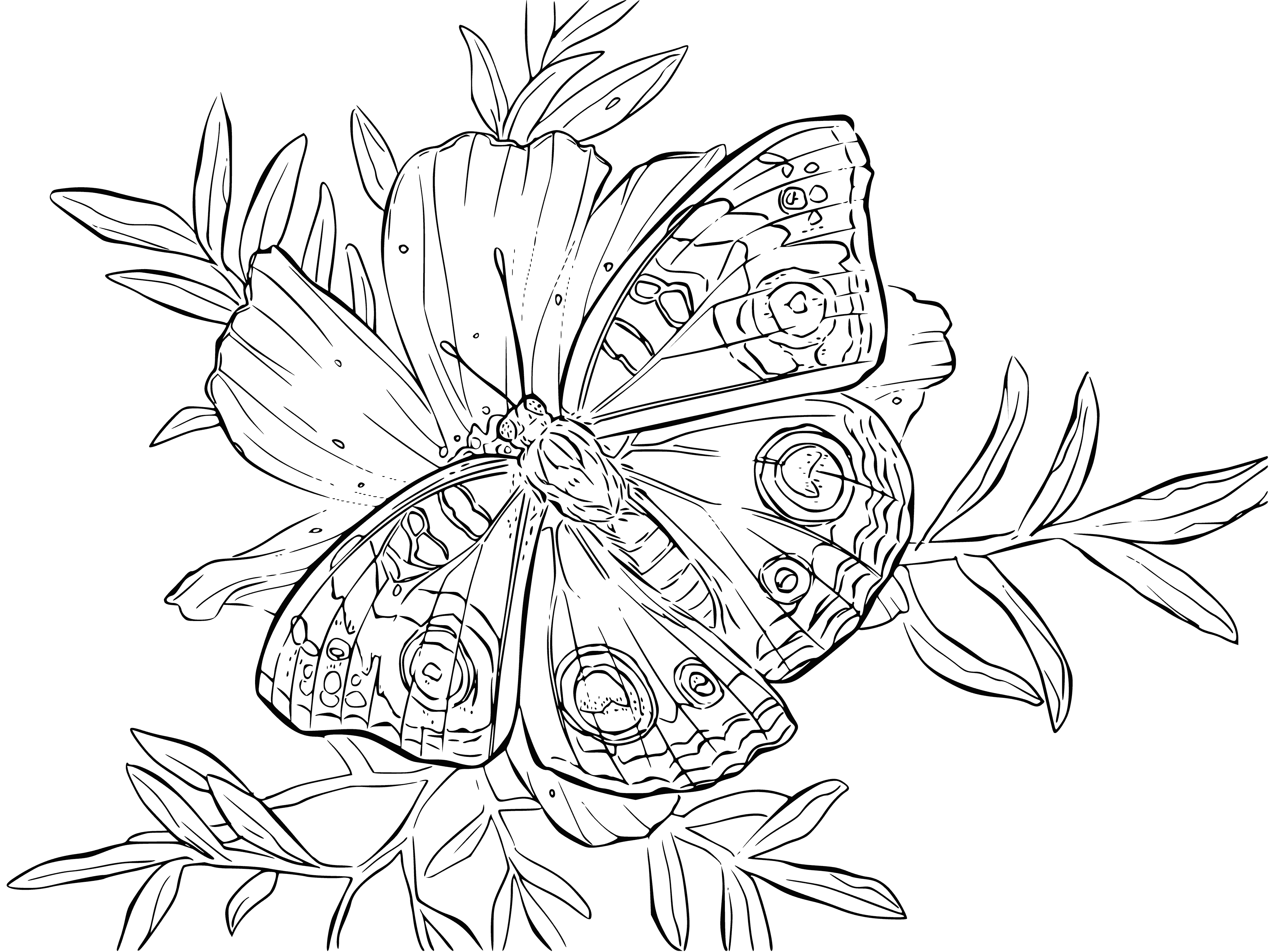coloring page: Butterfly sits atop colorful flower in green leaves and blue sky.