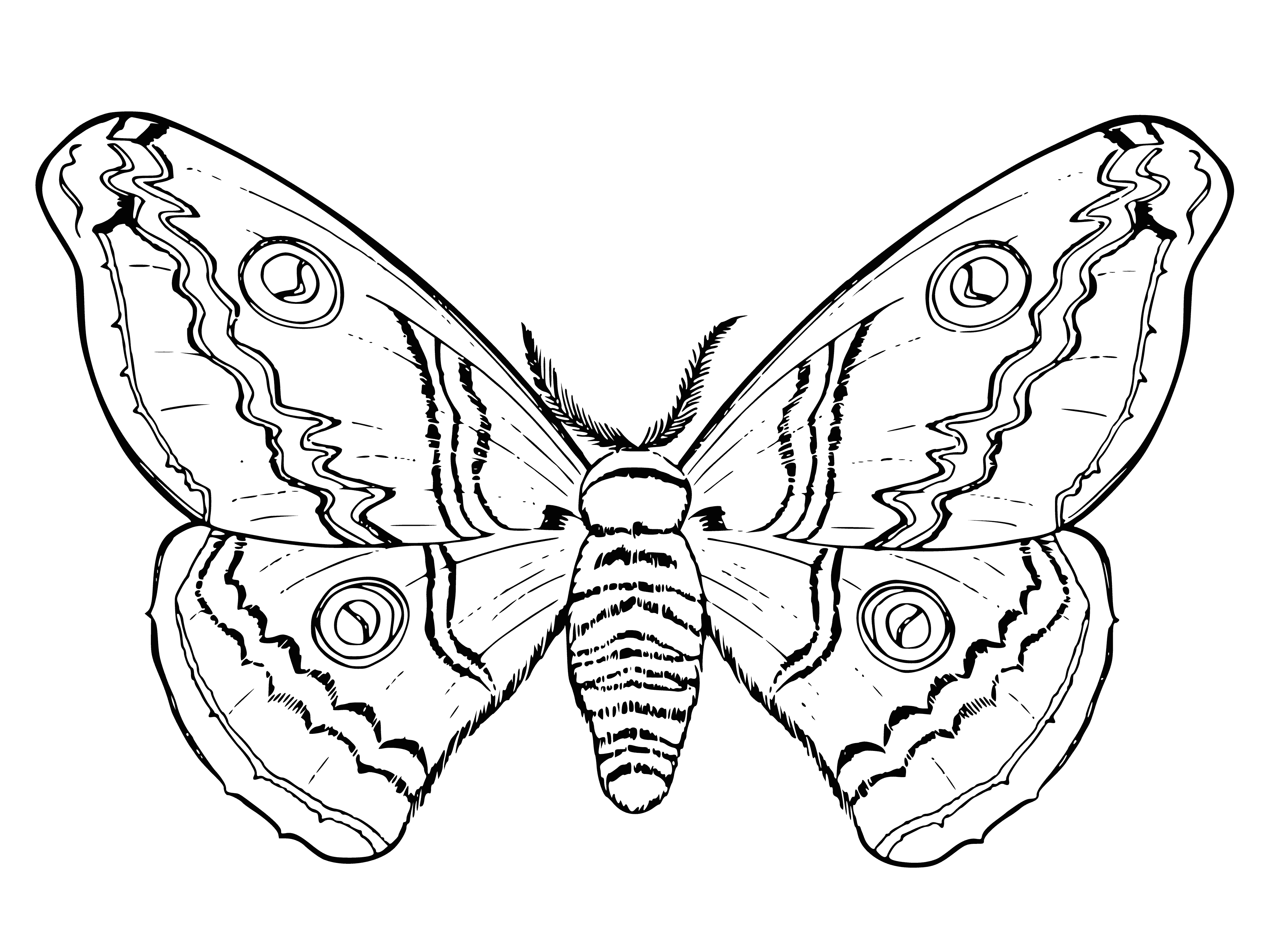 coloring page: Peacock butterfly: dark brown wings with blue sheen, 2 eyespots/wing, pale brown undersides, dark brown body.