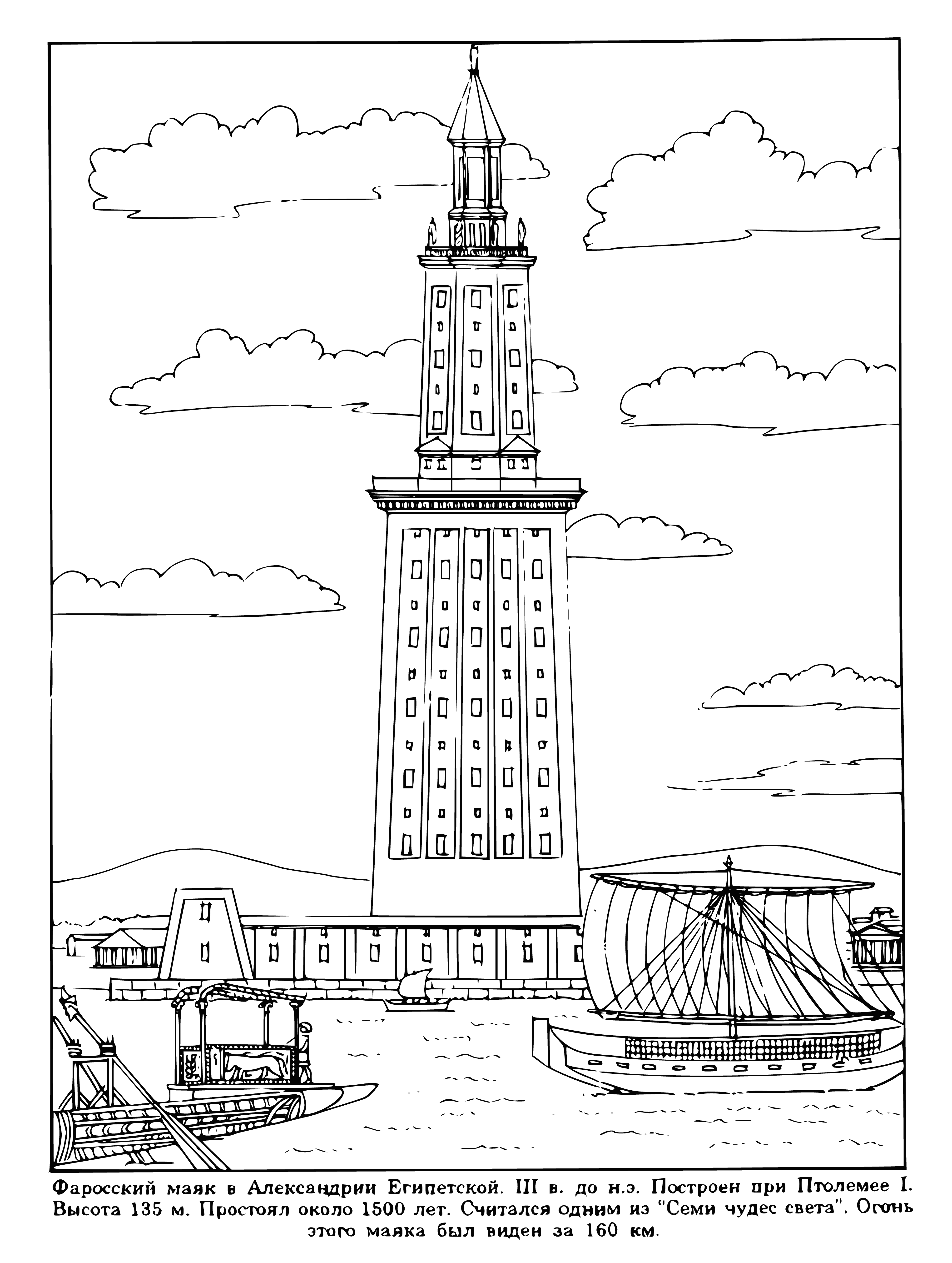 coloring page: Alexandrian lighthouse, one of seven WOW, is made of white stone, several stories high w/ conical roof & windows. Large door at base.