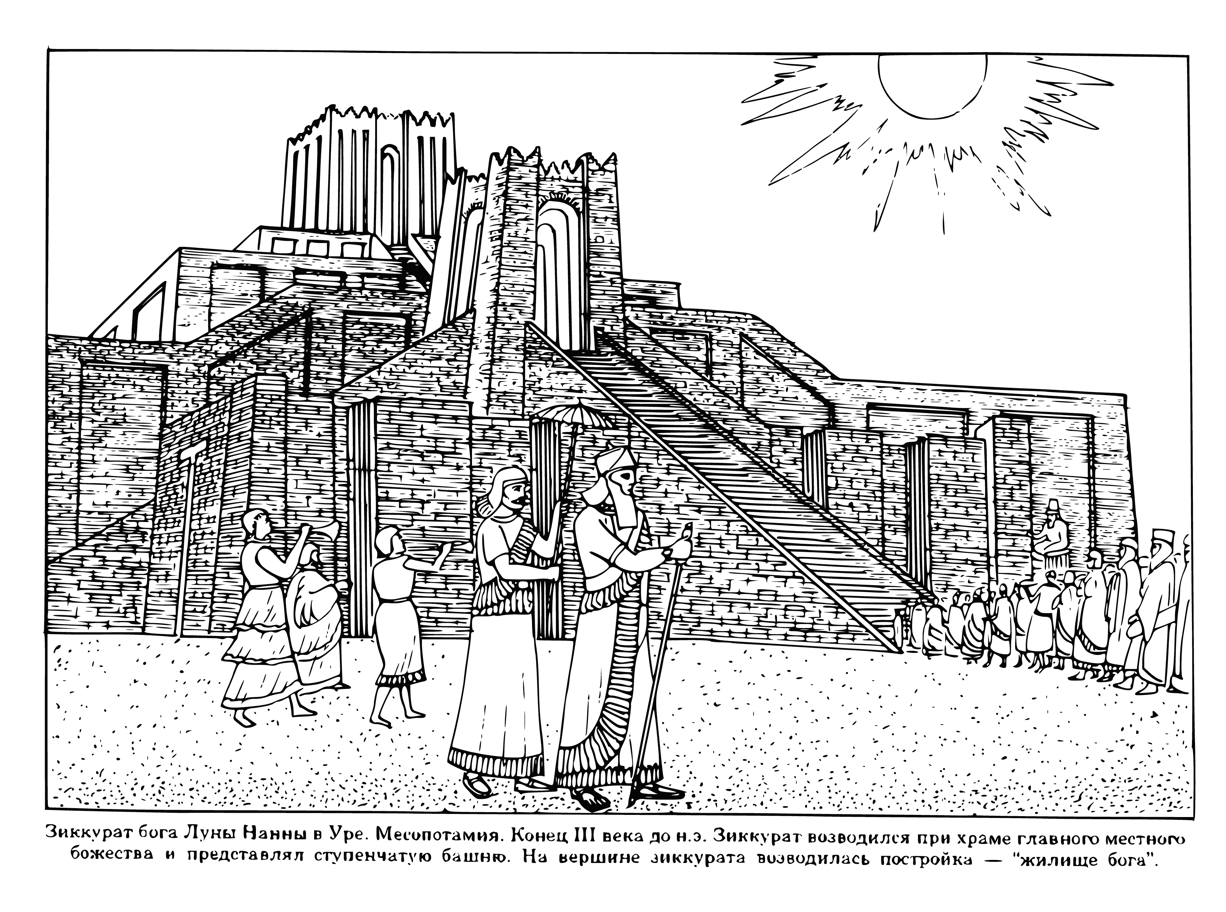 coloring page: A large Ziggurat with a staircase stands in the middle of desert-like land in this coloring page with no people or animals. It's a temple dedicated to the moon deity in the ancient world.