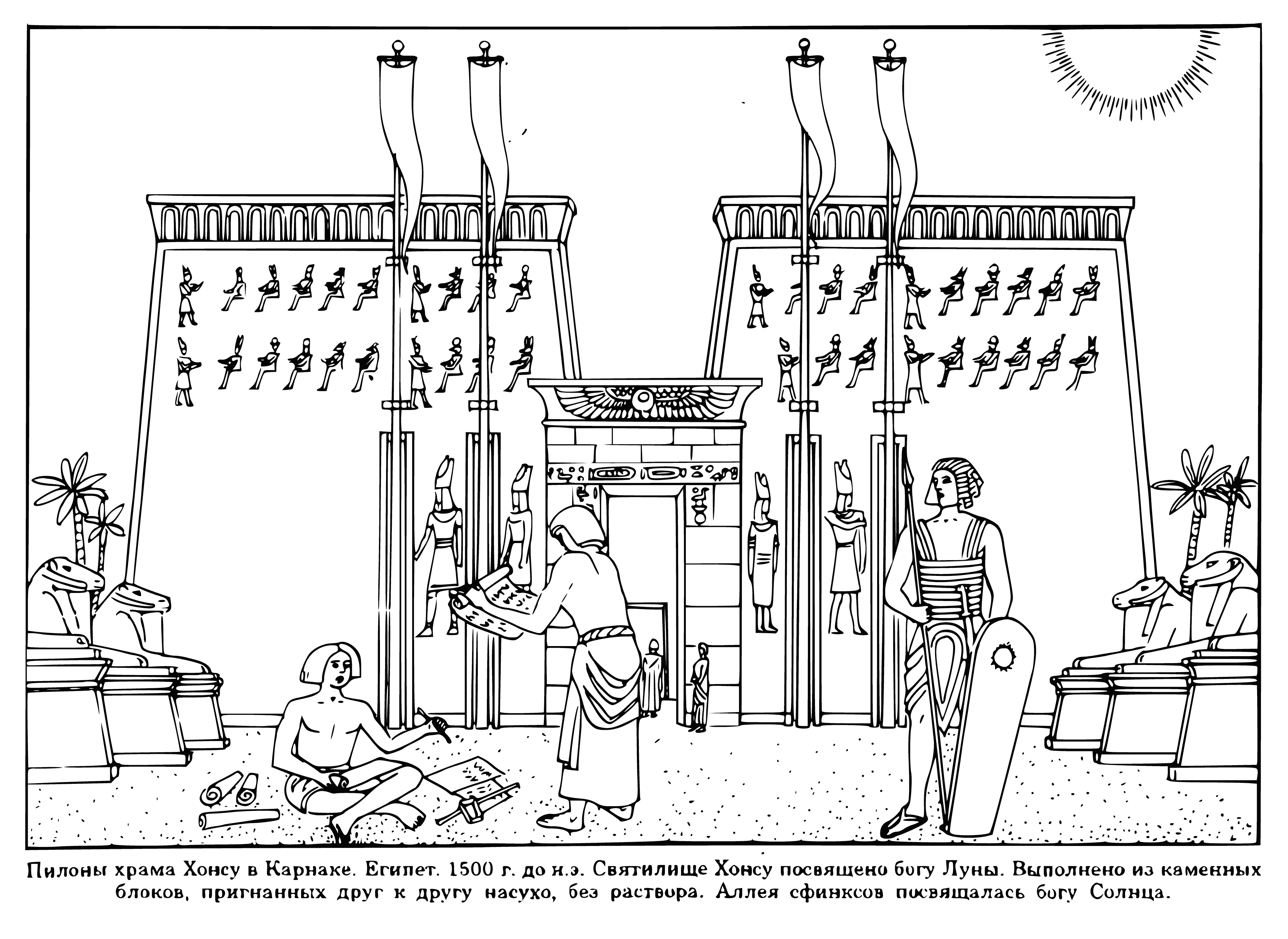 coloring page: The ancient Khonsu temple was built in Egyptian style, and featured a large central room & smaller chambers with reliefs & paintings.