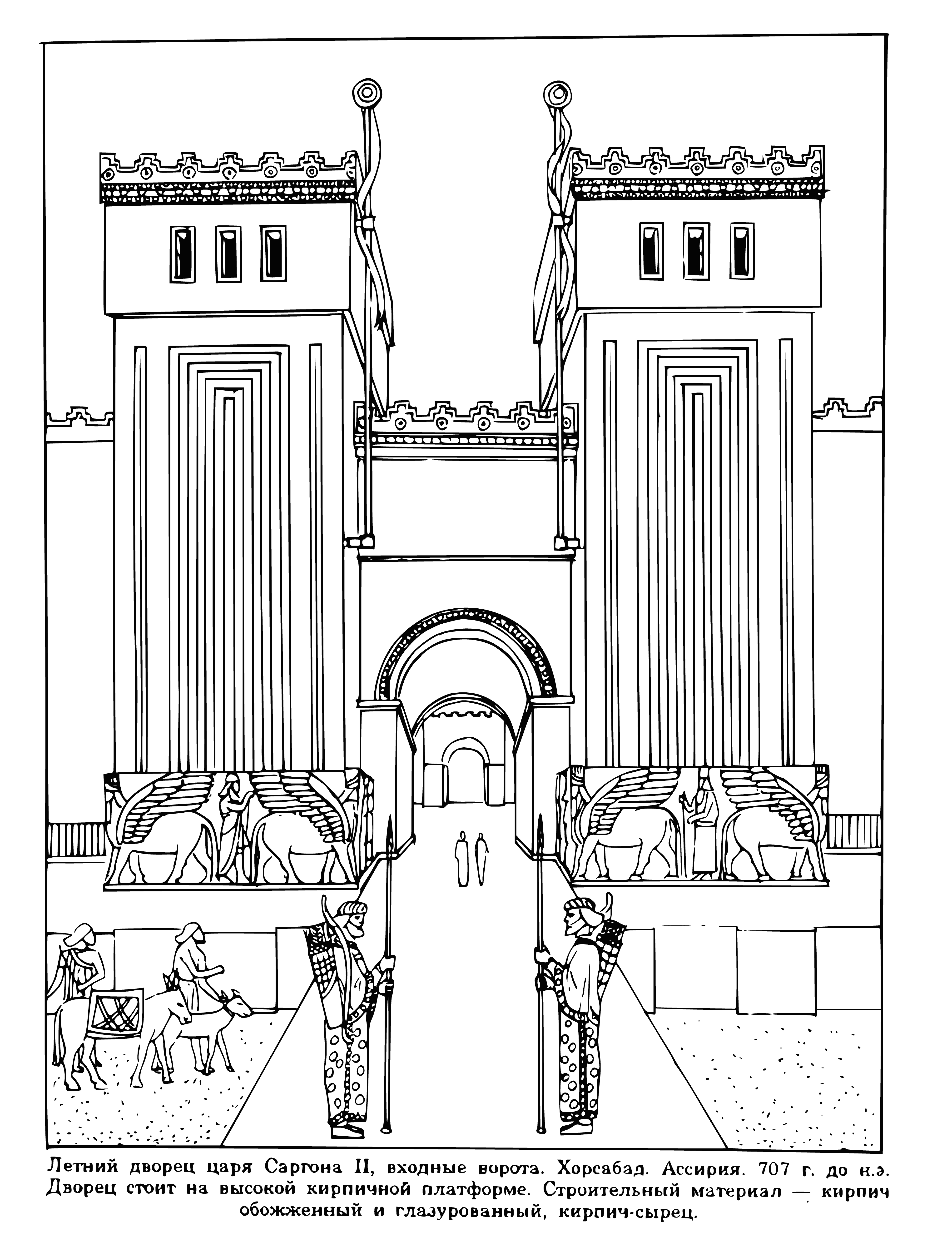 coloring page: Palace of King Sargon built over 4000 yrs ago in Akkad, Mesopotamia; was opulent 10,000+ sq m, made of mud brick & stone, and decorated with lavish reliefs, mosaics & sculptures. Home to king & family, used for state occasions & ceremonies.