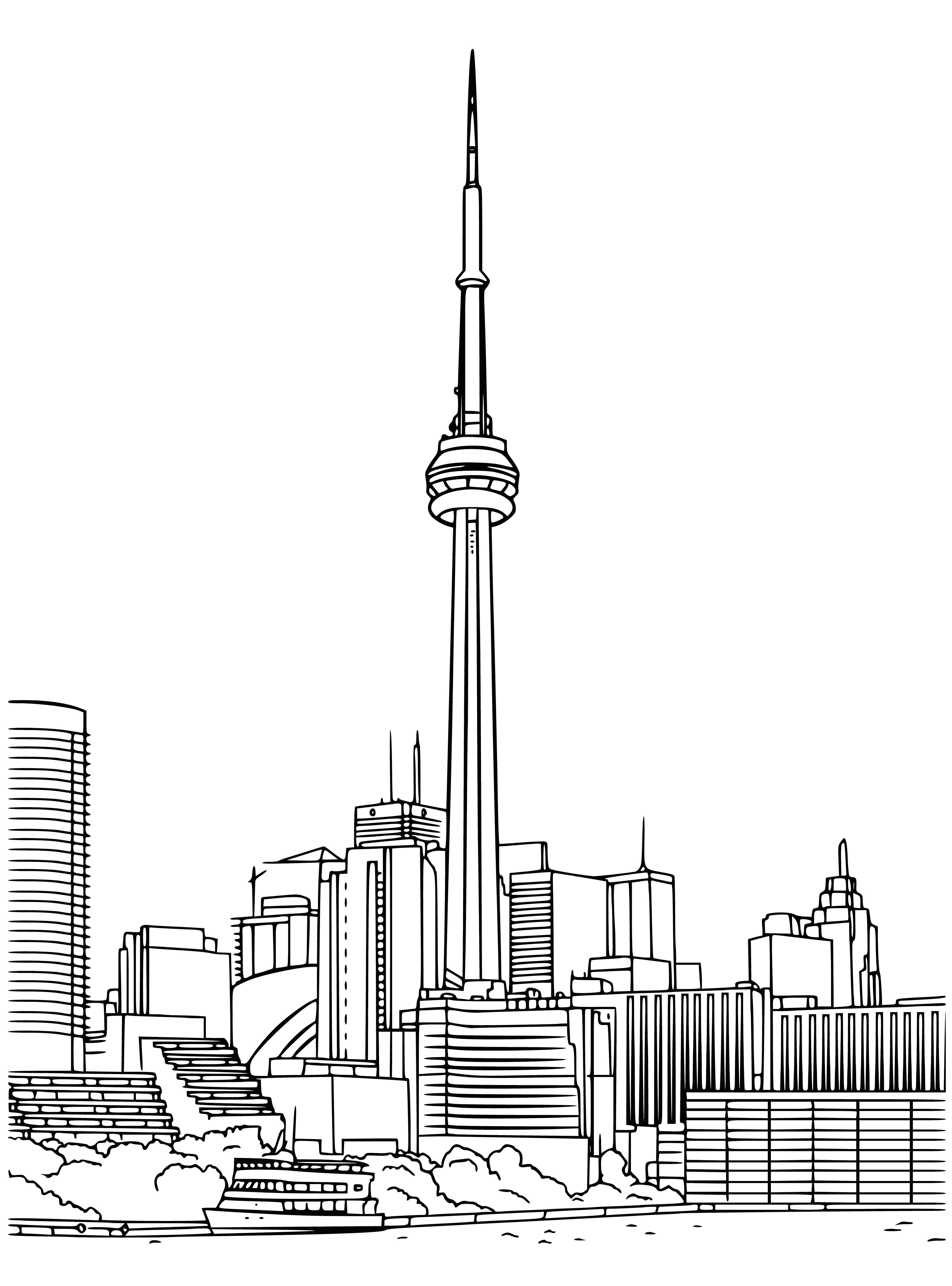 coloring page: Toronto's iconic CN Tower sits in the center of a coloring page, a popular tourist destination. The city skyline with skyscrapers also in view. Take a trip up the tower for 360-degree views of the city.