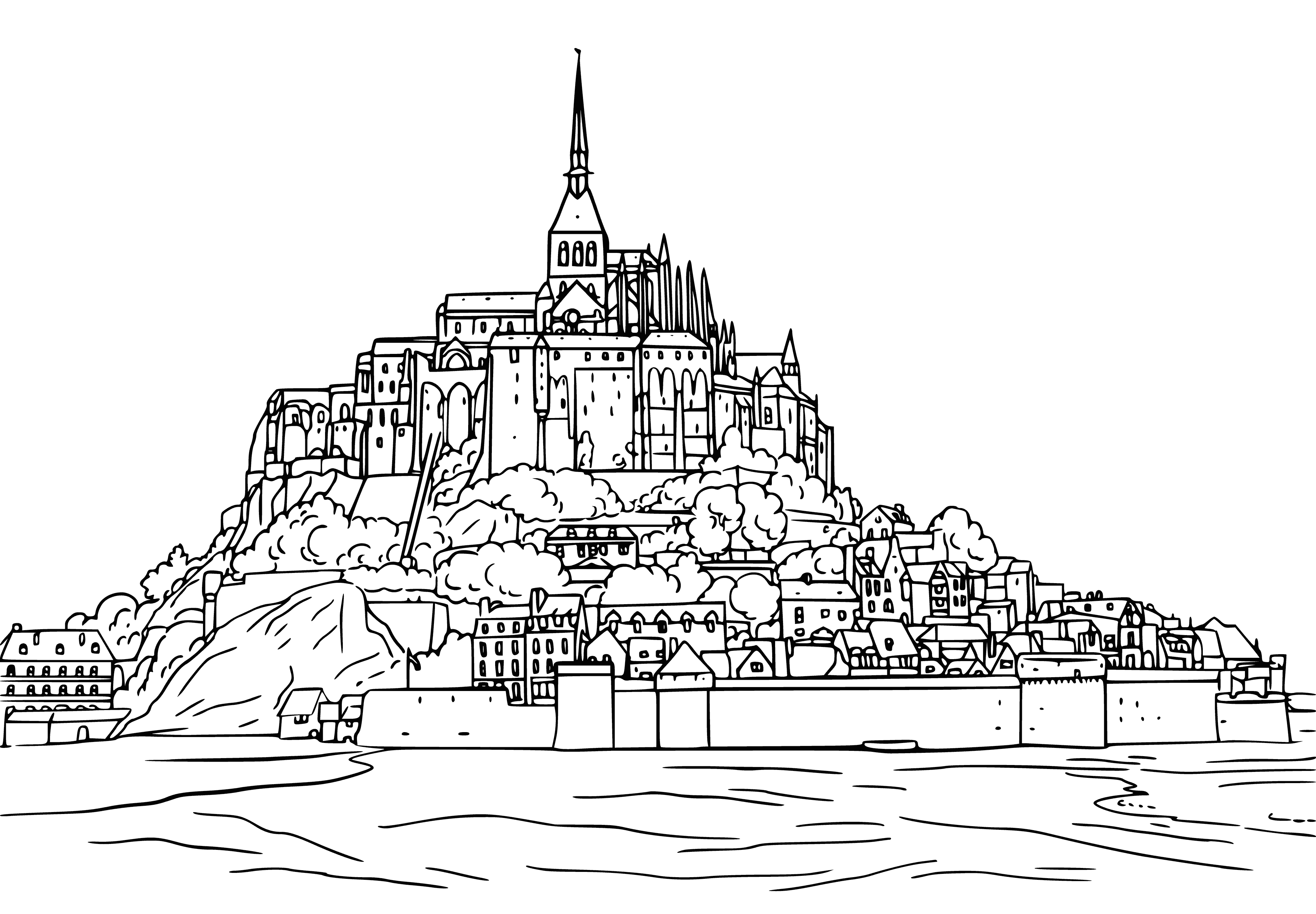 coloring page: Coloring page of rocky mountain w/ small village at its base, surrounded by water w/ small bridge to mainland. Clear, sunny sky.