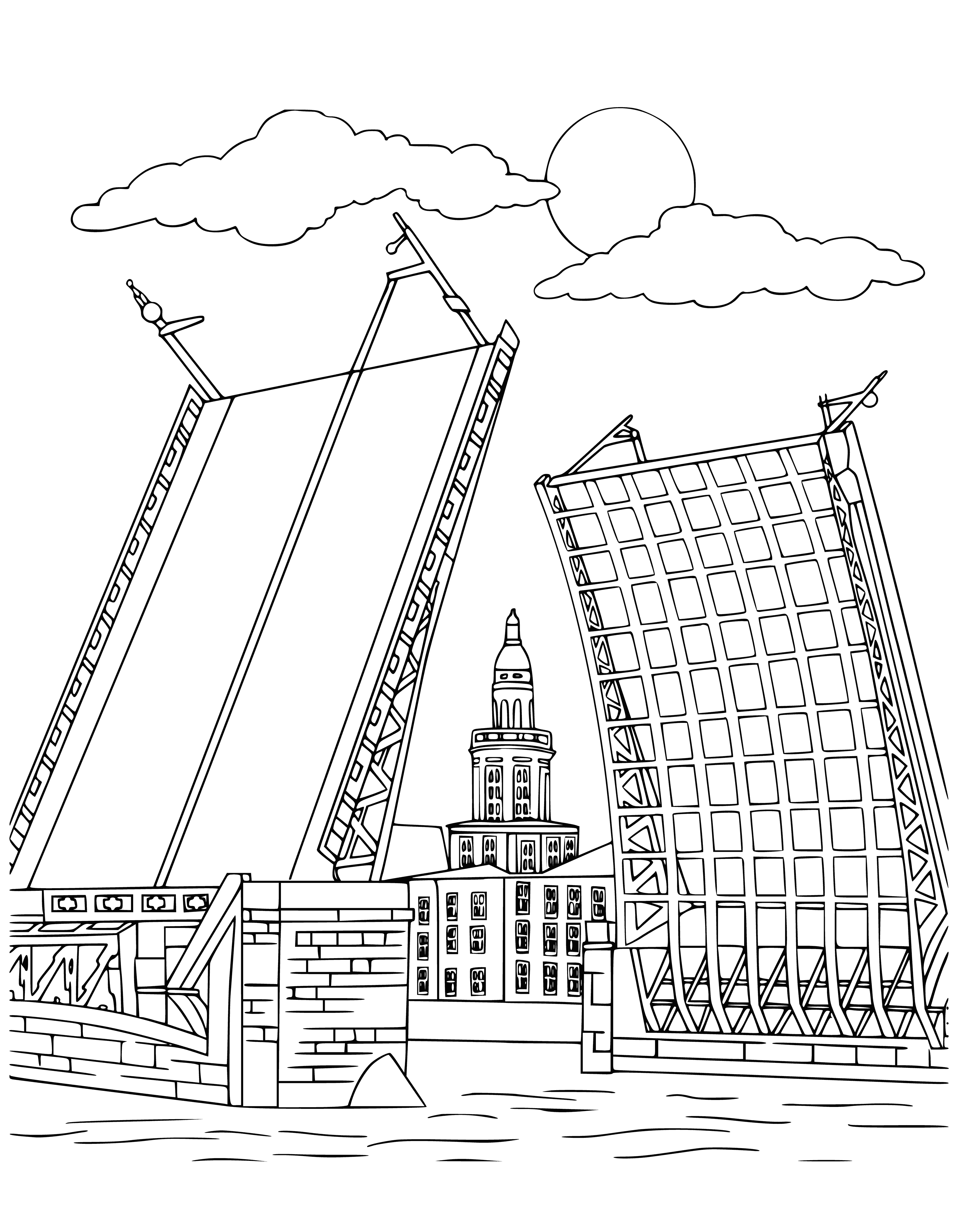 coloring page: Cityscape with drawbridge spanning a river, adorned with lanterns and clouds in the sky.