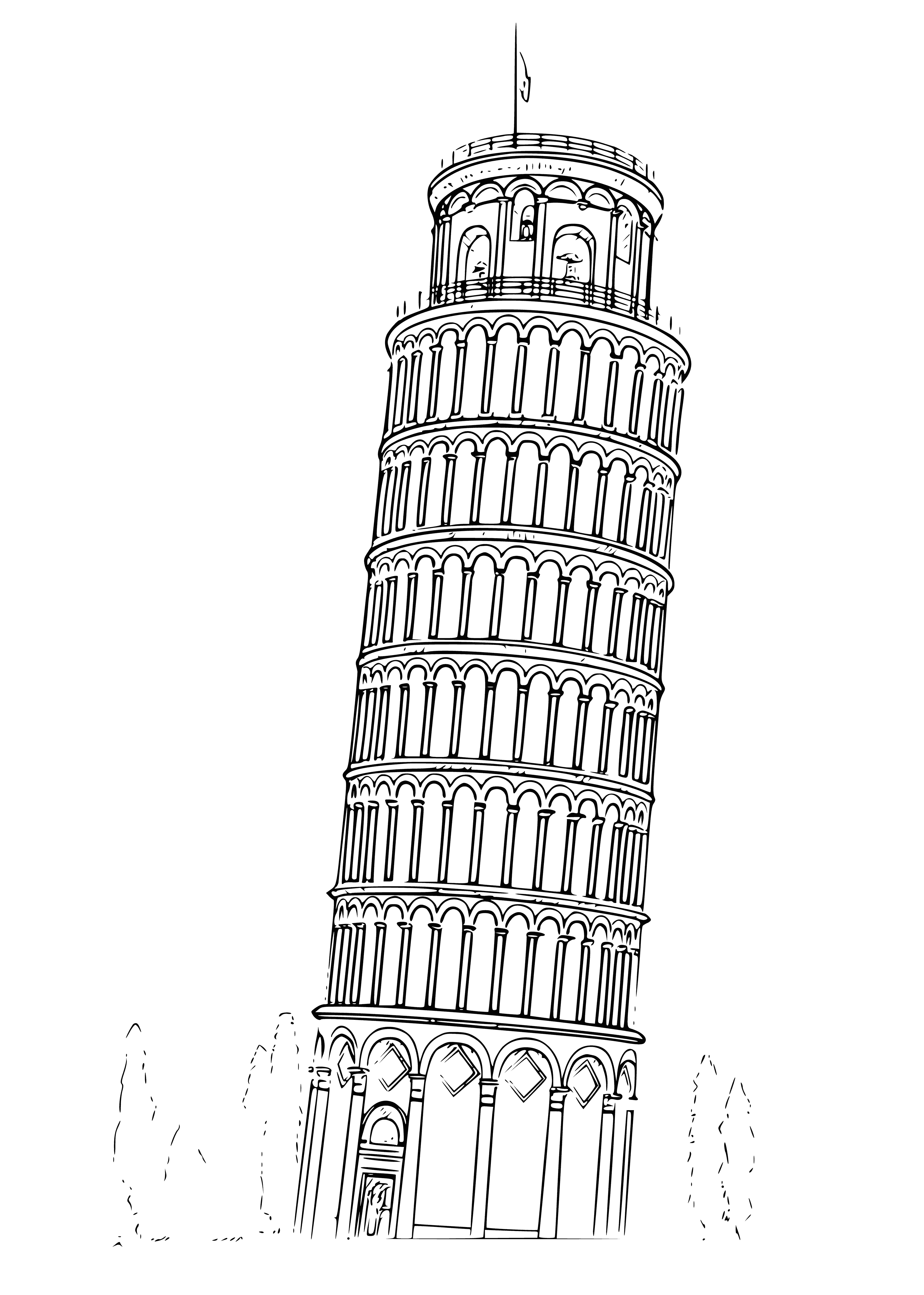 coloring page: The Leaning Tower of Pisa is a famous landmark in Italy. It is an iconic marble tower & one of the seven wonders of the world.