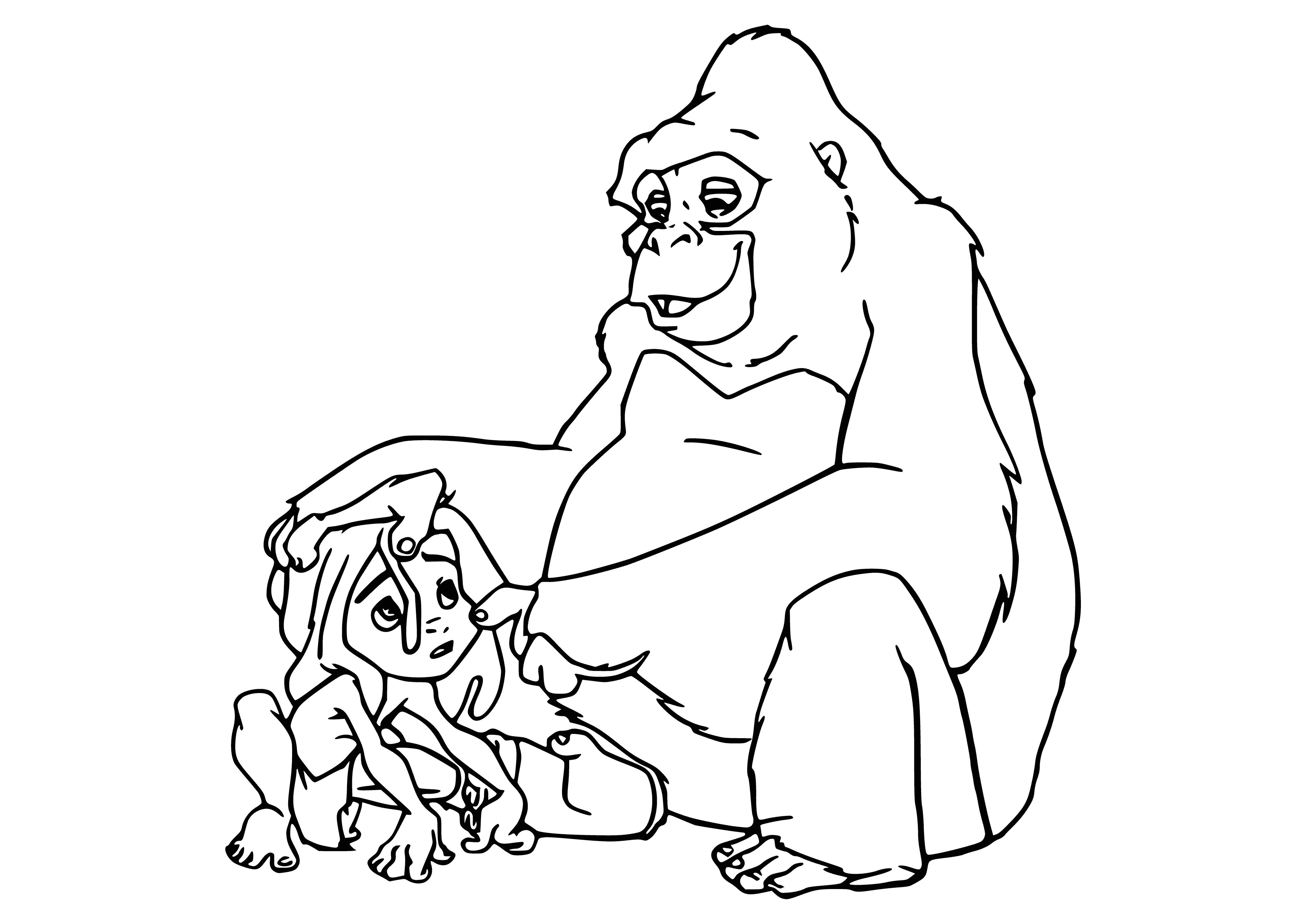 coloring page: Tarzan stands on a log in the water, gripping a knife and a tree branch. An alligator swims his way.