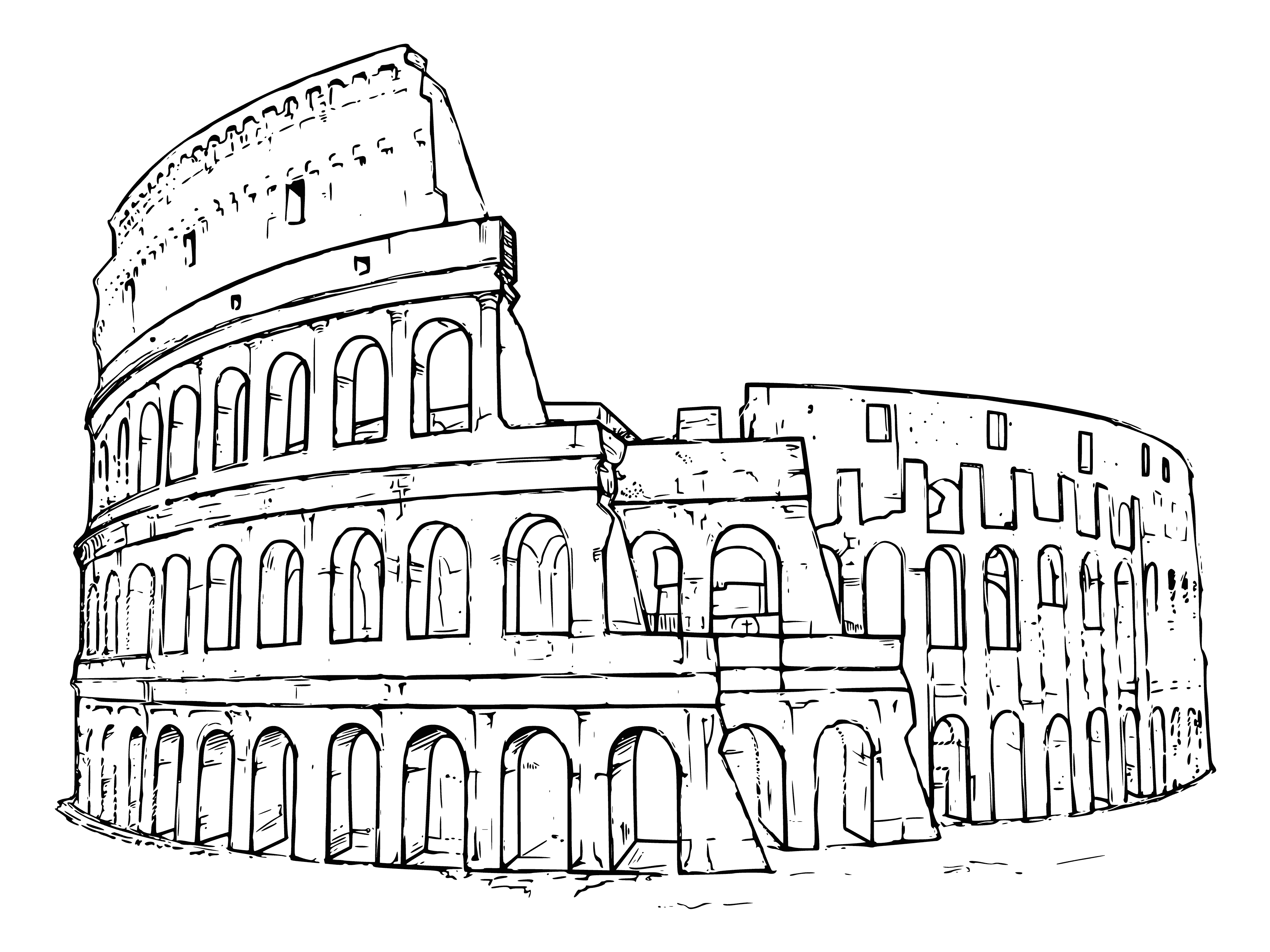 coloring page: The Colosseum is an ancient amphitheater in Rome, considered one of the greatest works of Roman architecture. It is elliptical in shape with 80 entrances and could seat up to 50,000.
