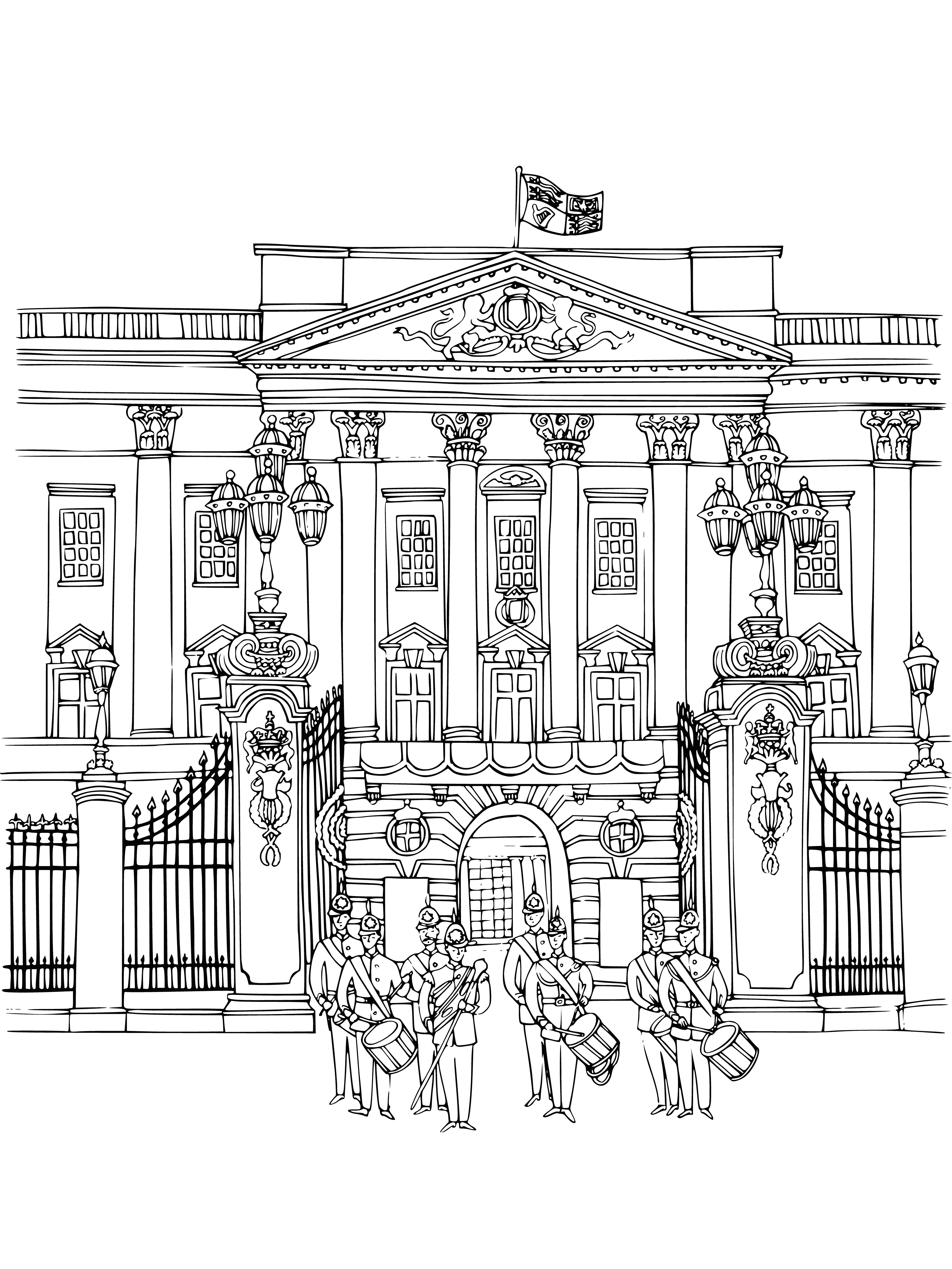 coloring page: Buckingham Palace in London, England: Ornate building, many towers, flags, fence, trees, people walking/cars parked.