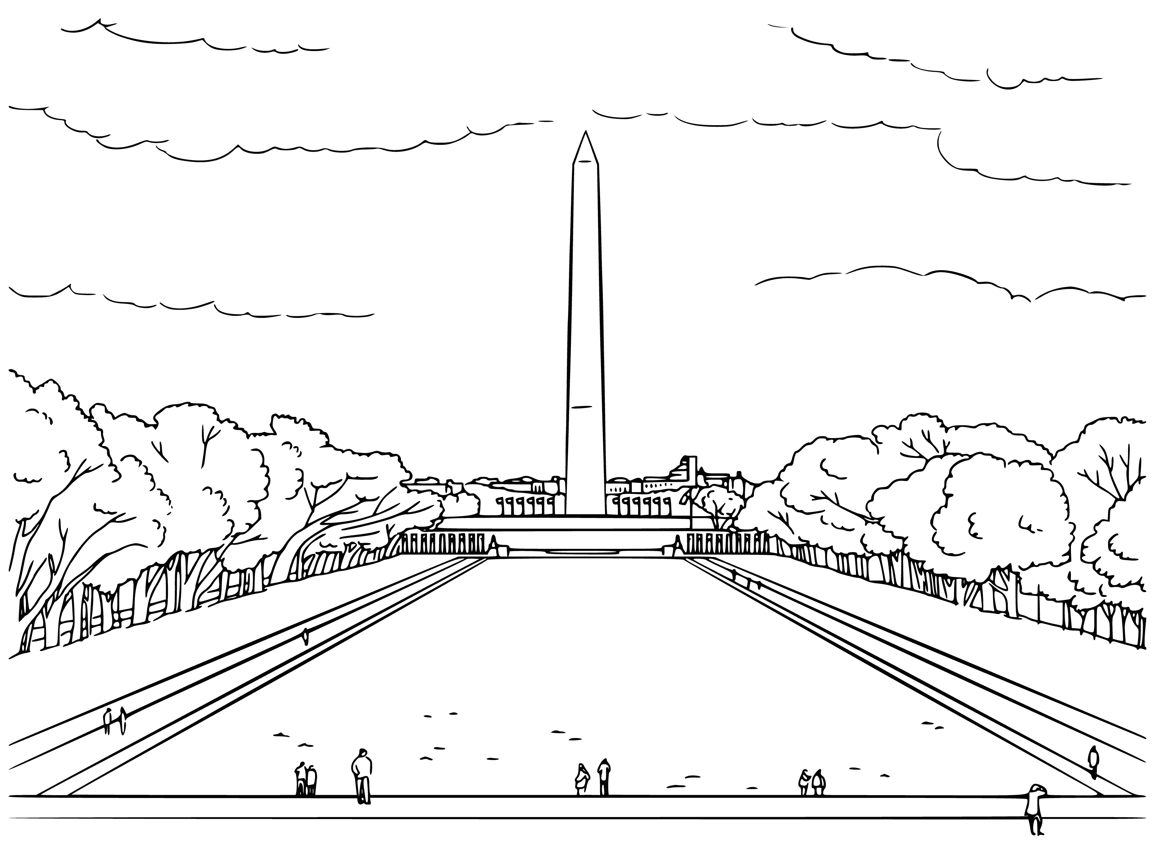 coloring page: Large marble obelisk w/pointed top, surrounded by green lawn, trees & metal fence.