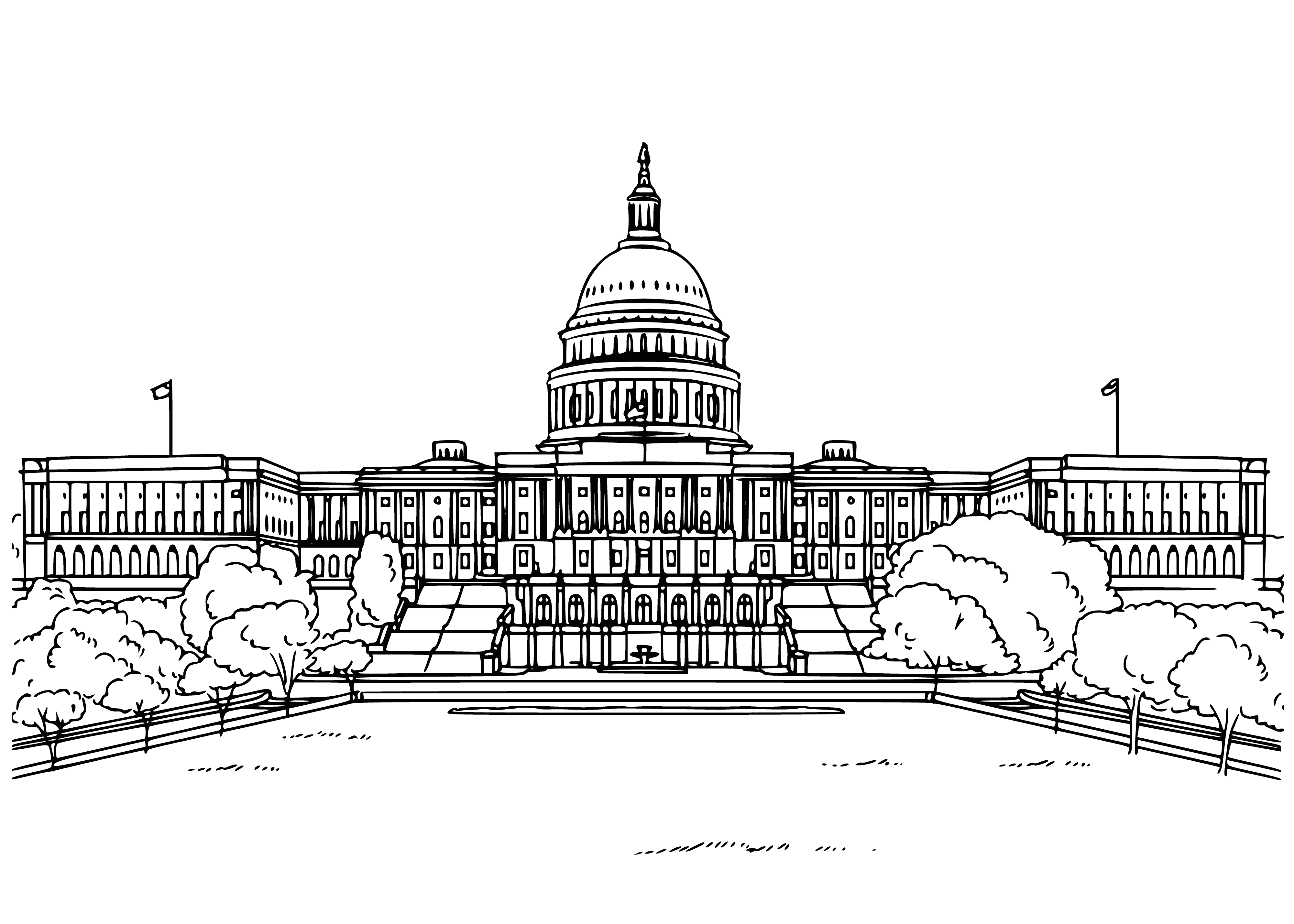 coloring page: The Capitol Building in Washington, DC is a neoclassical symbol of government, surrounded by green lawn and trees, with a large dome and busy streets.