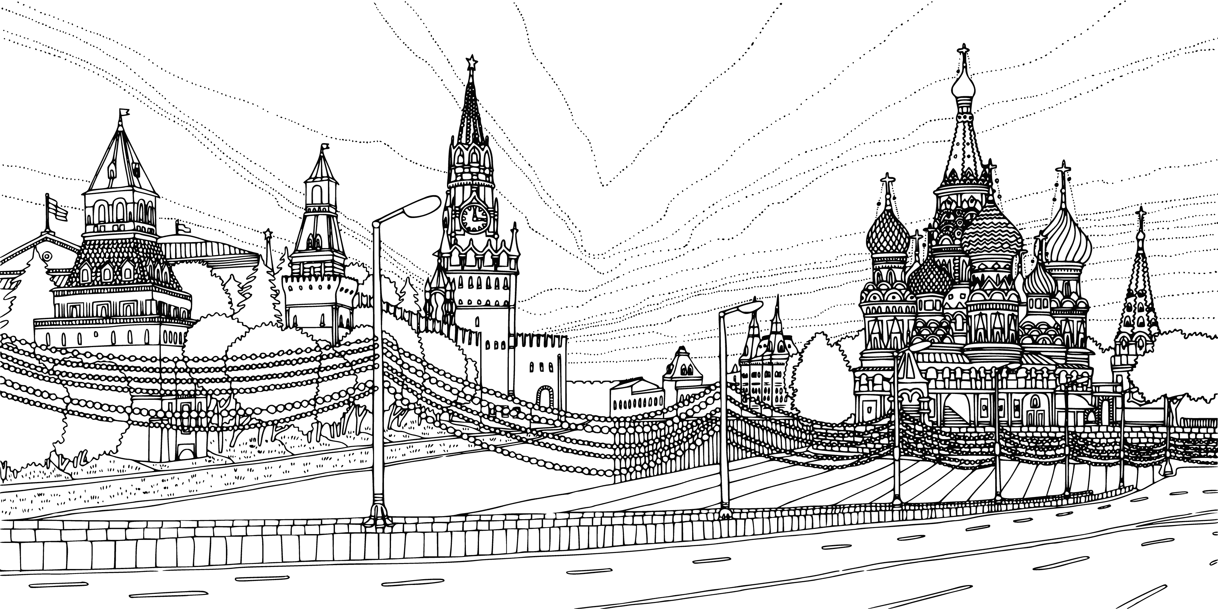 coloring page: The Moscow Kremlin is a fortress that's the symbol of the Russian state and home to the President, Executive Office, Russian Orthodox Church, museums and monuments.