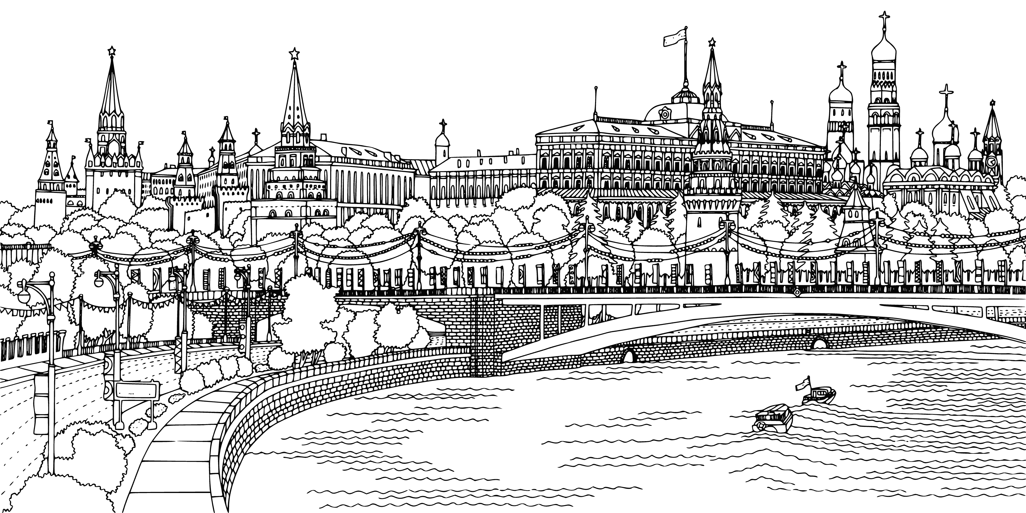 coloring page: Embankment of Moscow park provides beautiful views of the river & skyline & is home to sculptures, monuments, cafes & restaurants.