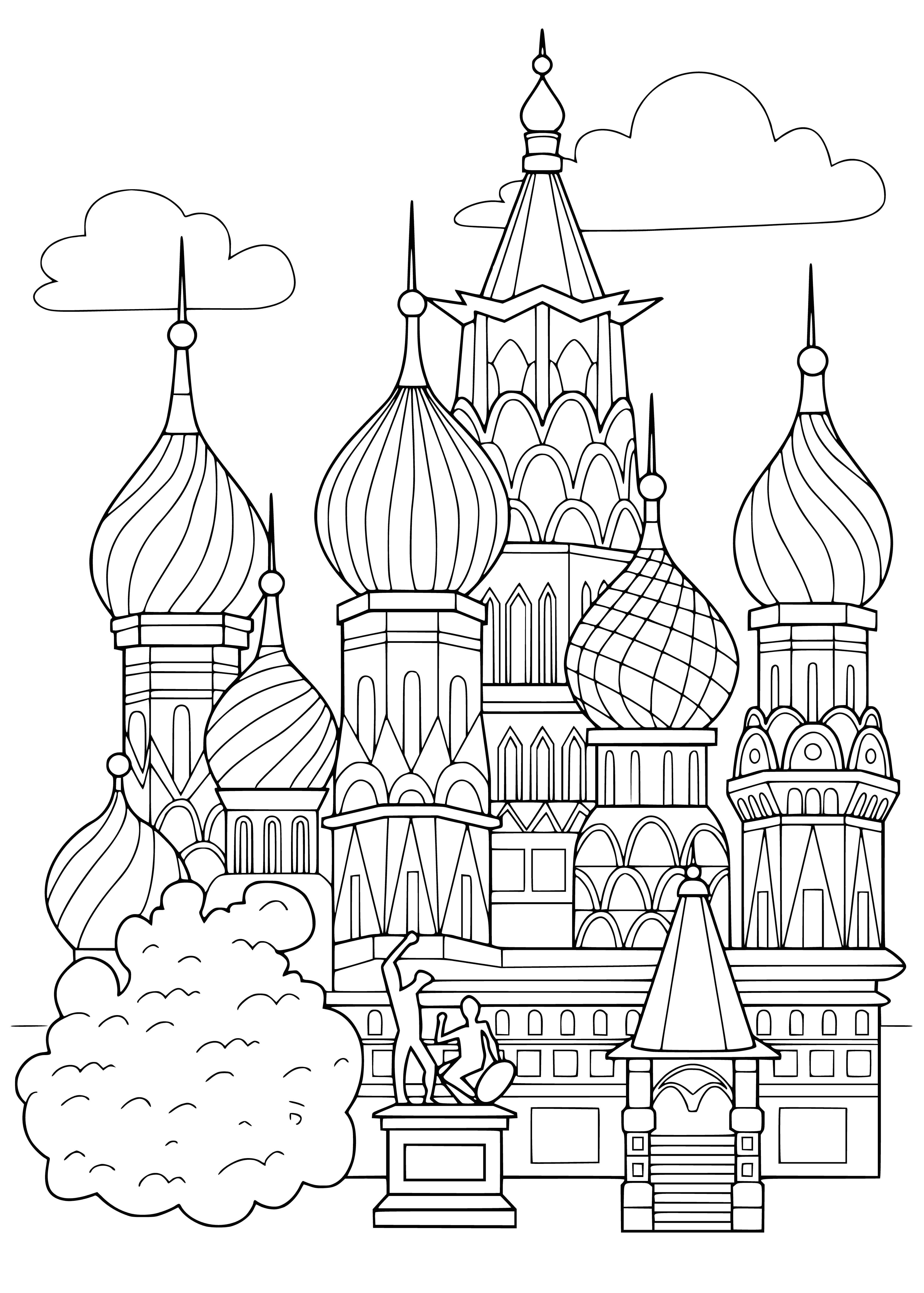 coloring page: St. Basil's Cathedral in Moscow, Russia features intricate stained glass, colorful patterns & paintings, revered for its beauty & historical significance. #travel