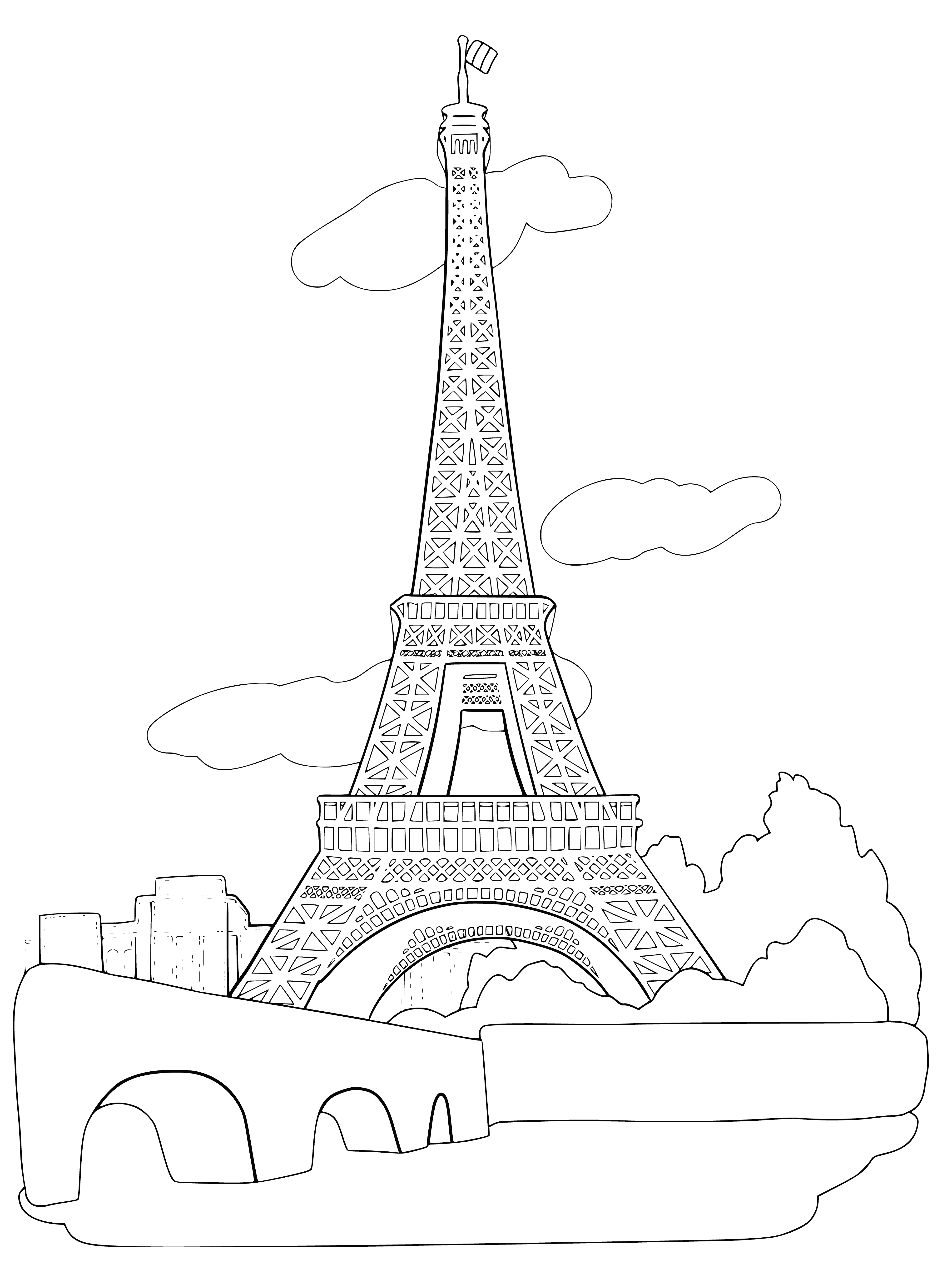 coloring page: The Eiffel Tower is in Paris, France. Three levels open to public with distinct features: restaurant, observation deck & small chapel.