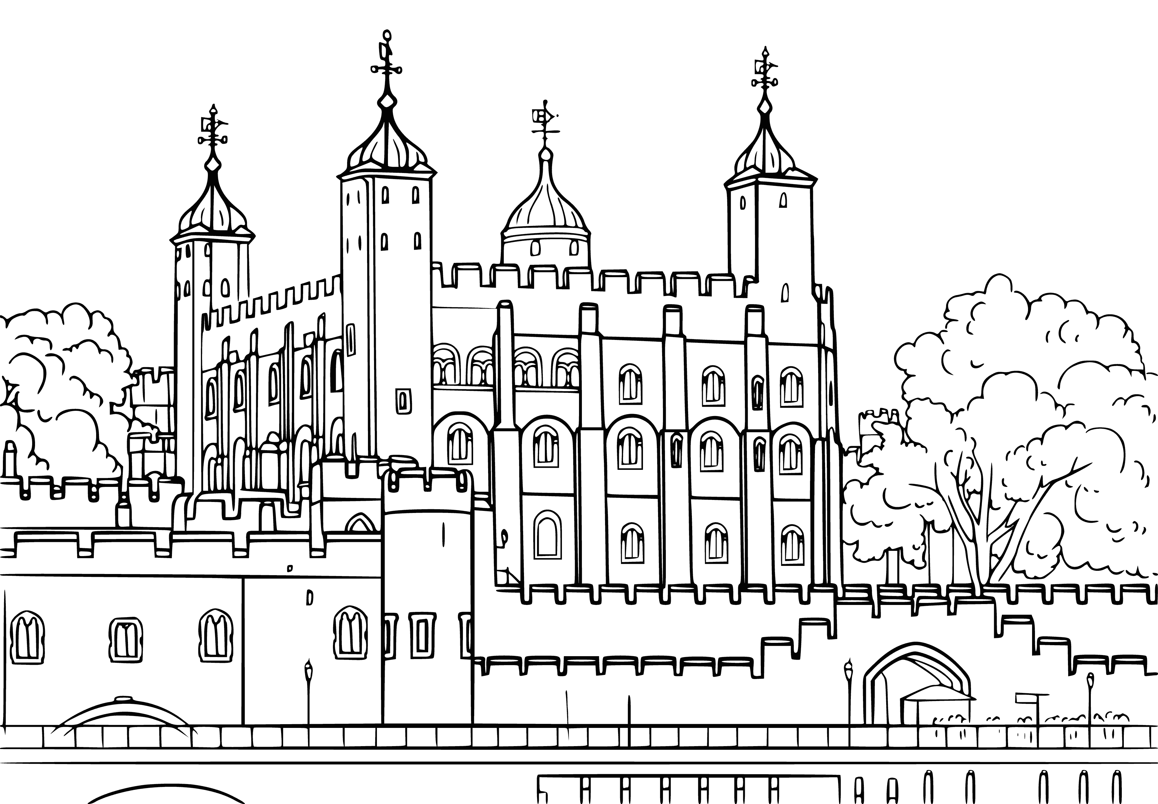 coloring page: The Tower of London, a historic castle located in the heart of London, is a UNESCO World Heritage Site & tourist attraction, formerly serving as palace, prison and execution site.