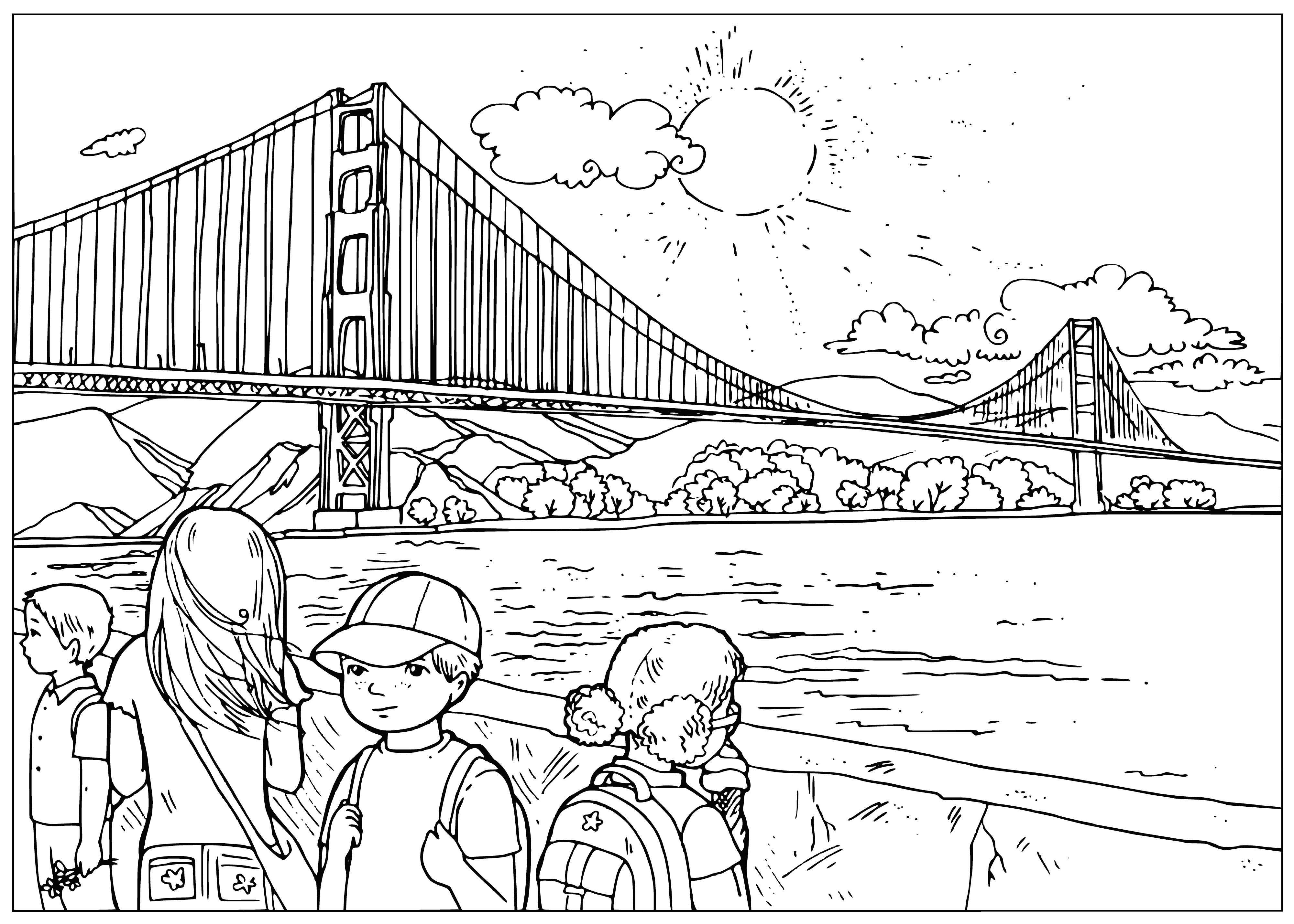 coloring page: The Golden Gate Bridge is an iconic U.S. landmark, spanning from the Pacific Ocean to the San Francisco Bay. Built in 1937, it is one of the world's most coloring pagegraphed bridges.