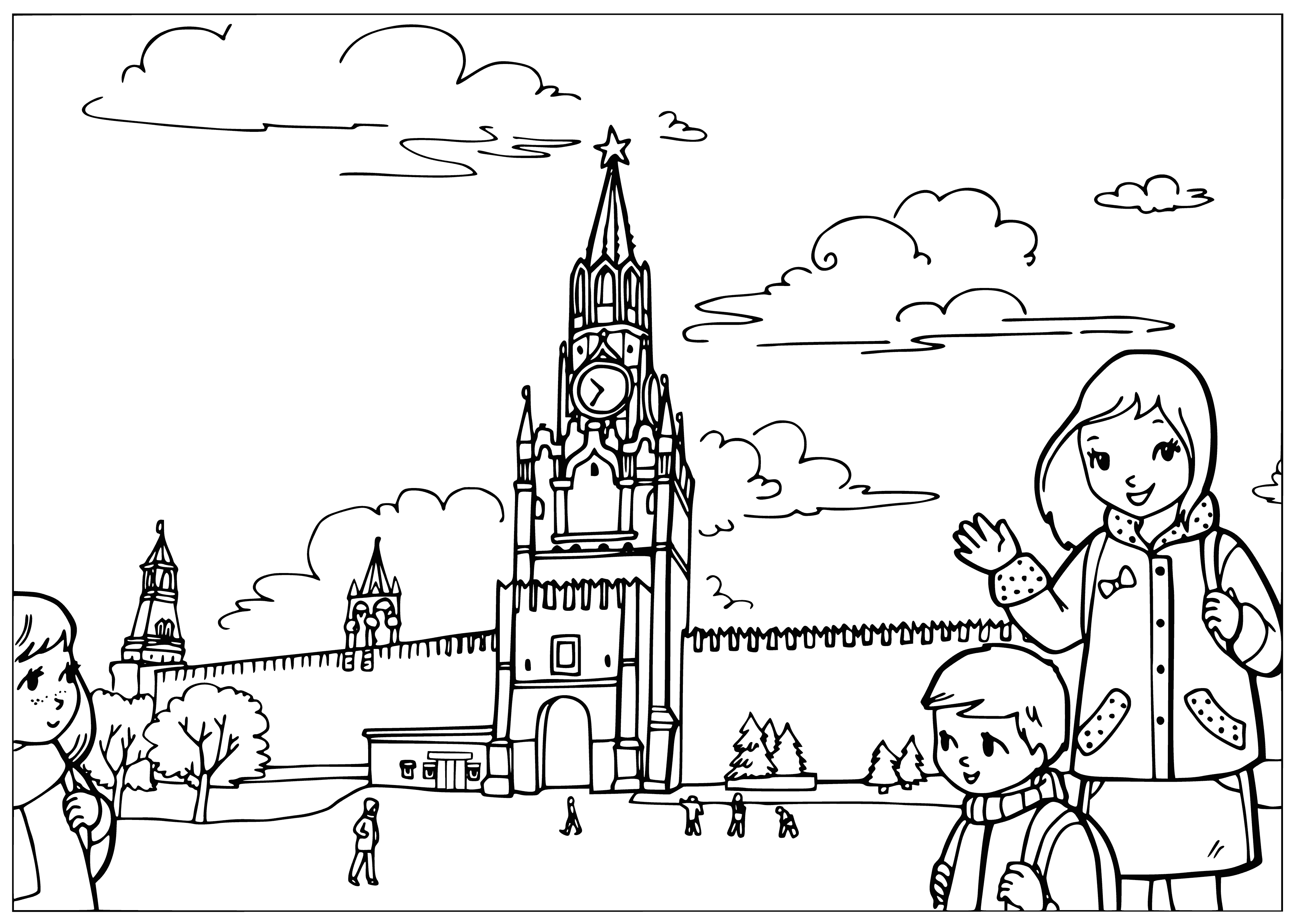 coloring page: The Kremlin is Moscow's iconic complex of buildings & cathedrals, home to the President & a museum. It overlooks the Moskva River, with high walls & towers standing out in the cityscape.