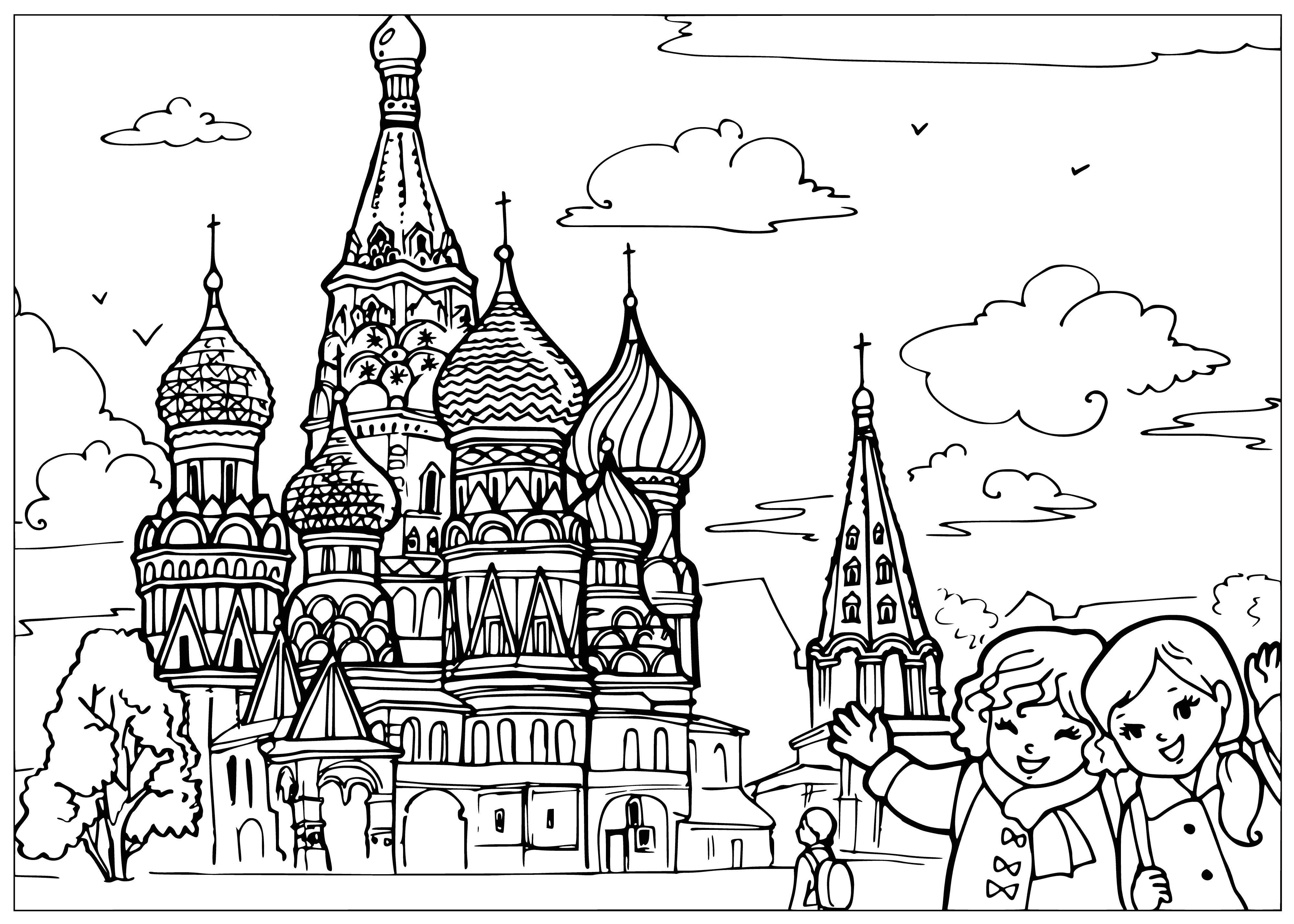 coloring page: St. Basil's Cathedral in Moscow, Russia was commissioned by Ivan the Terrible in 1555 and is dedicated to the Virgin Mary. It's the tallest Red Square building with iconic onion domes and a symbol of the city.