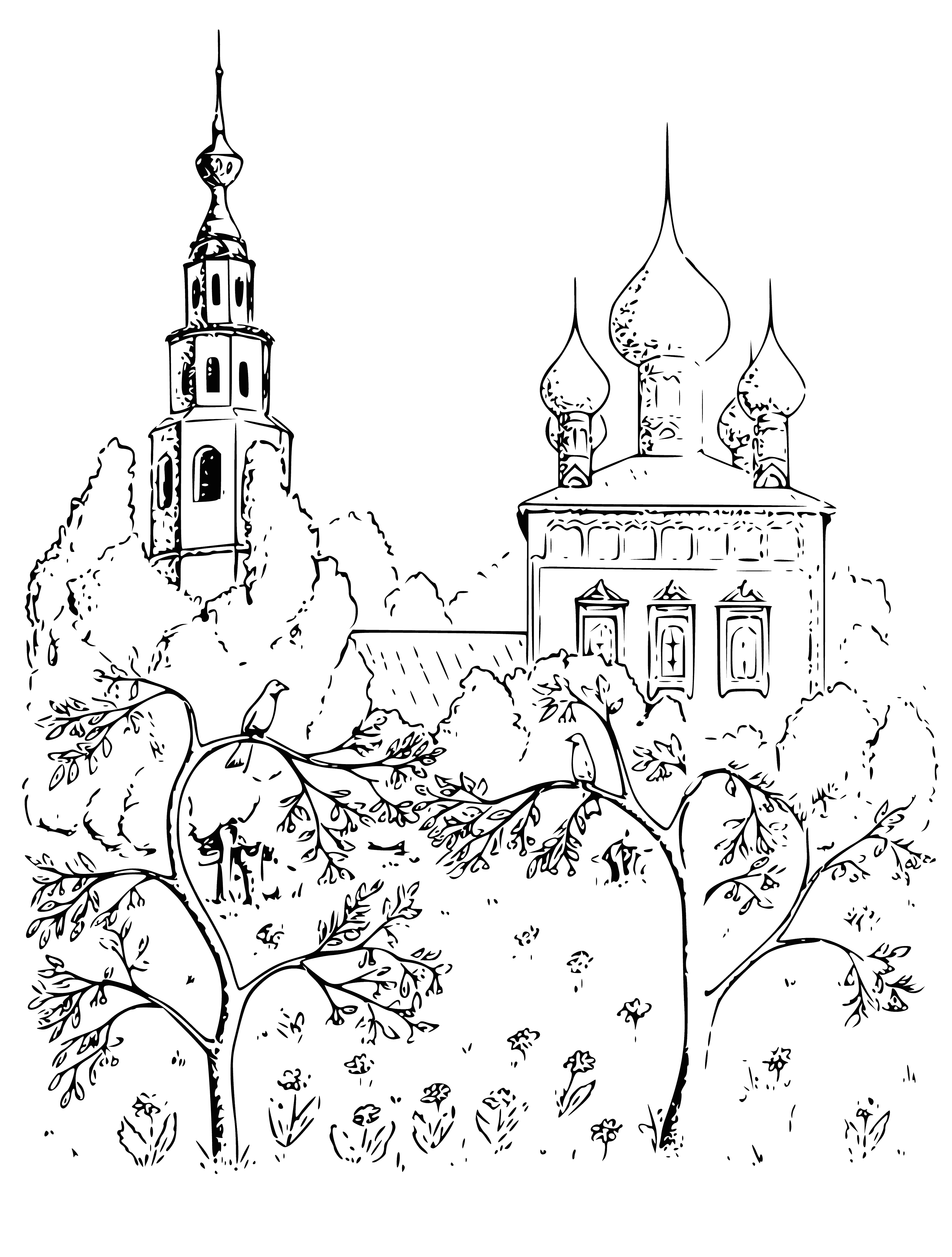 coloring page: Coloring page of single storey grey church with white cross and trees; background of body of water. #coloringpages #church