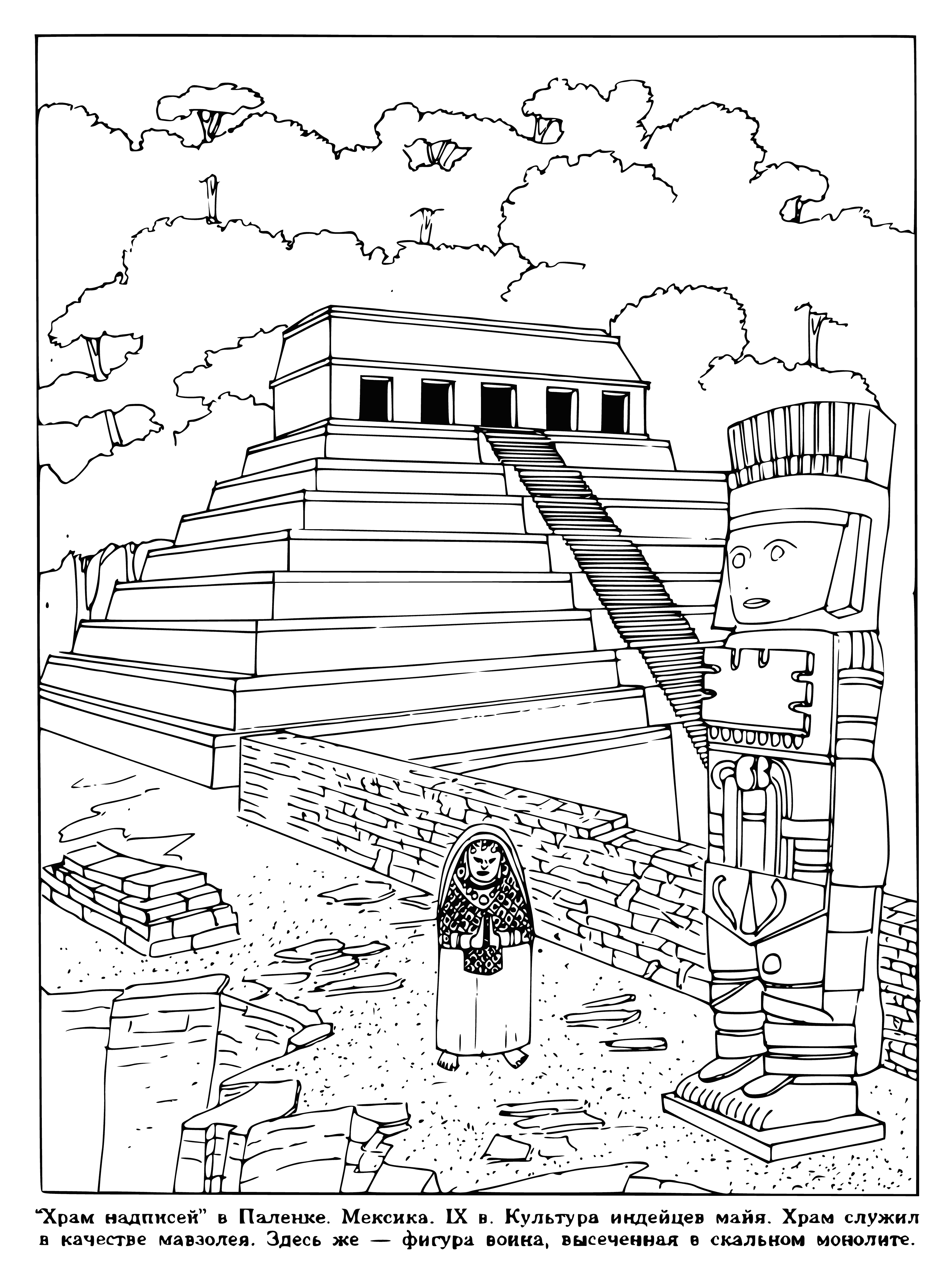coloring page: A temple in Mexico with a pyramid in the center and staircases leading up to the top. People exploring and walking around the complex.