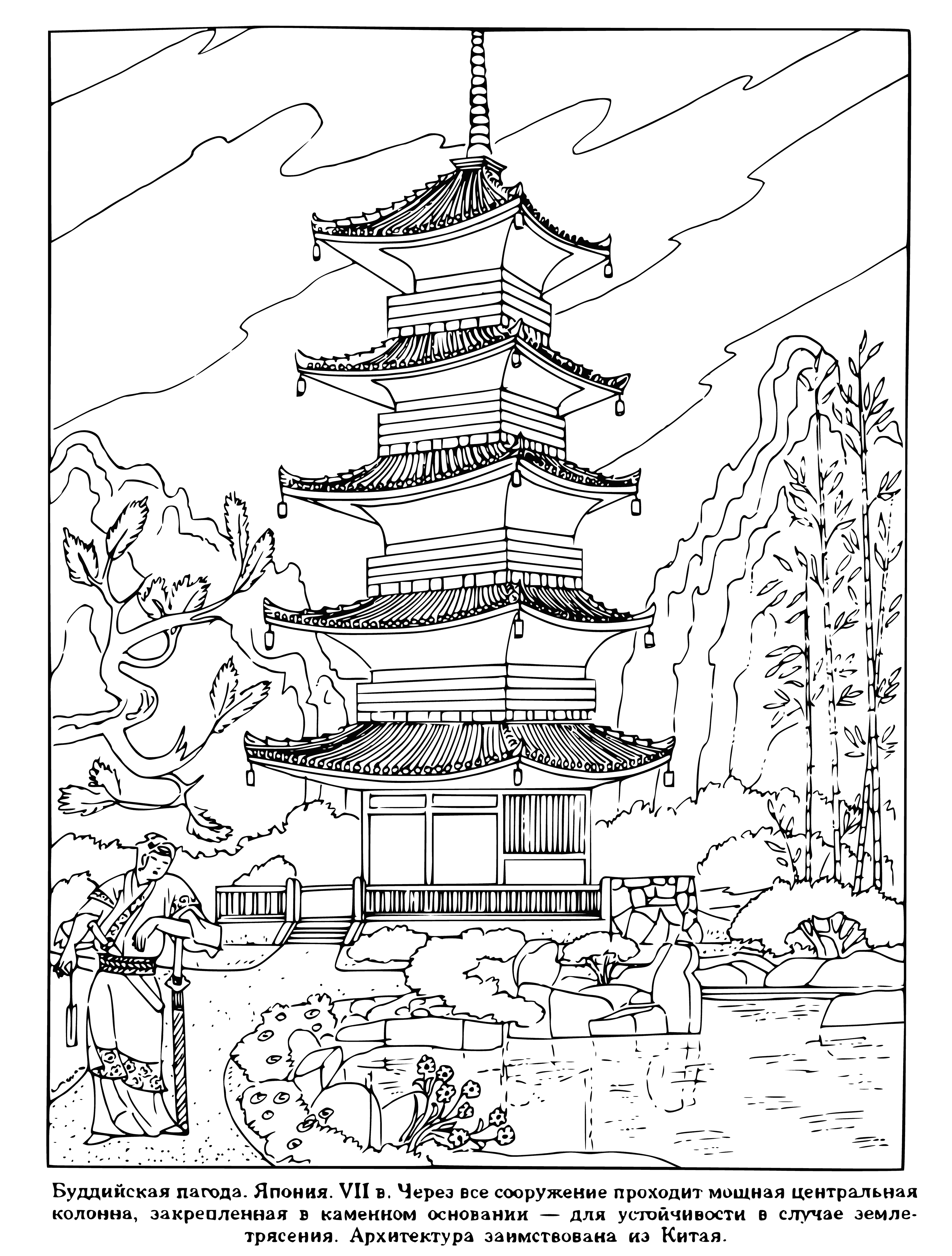 coloring page: A Buddhist pagoda is an ornate, multi-story structure, often with a square or cruciform base, surrounded by a colonnade & topped with a finial &/or stupa.