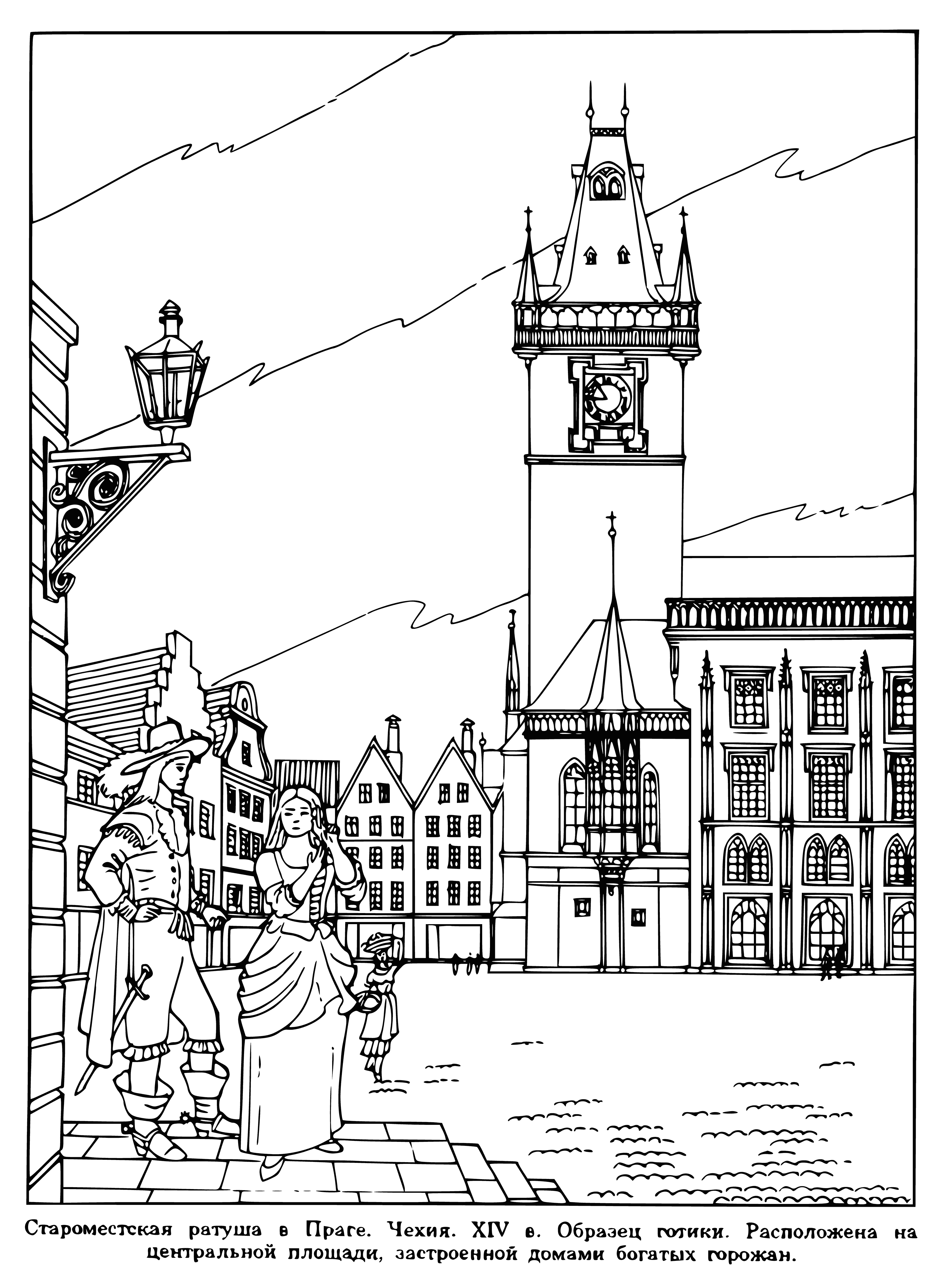 coloring page: Large stone building w/ clock tower, roof & decorated w/ statues. Square in front filled w/ people & fountain in center, carrying balloons & banners.
