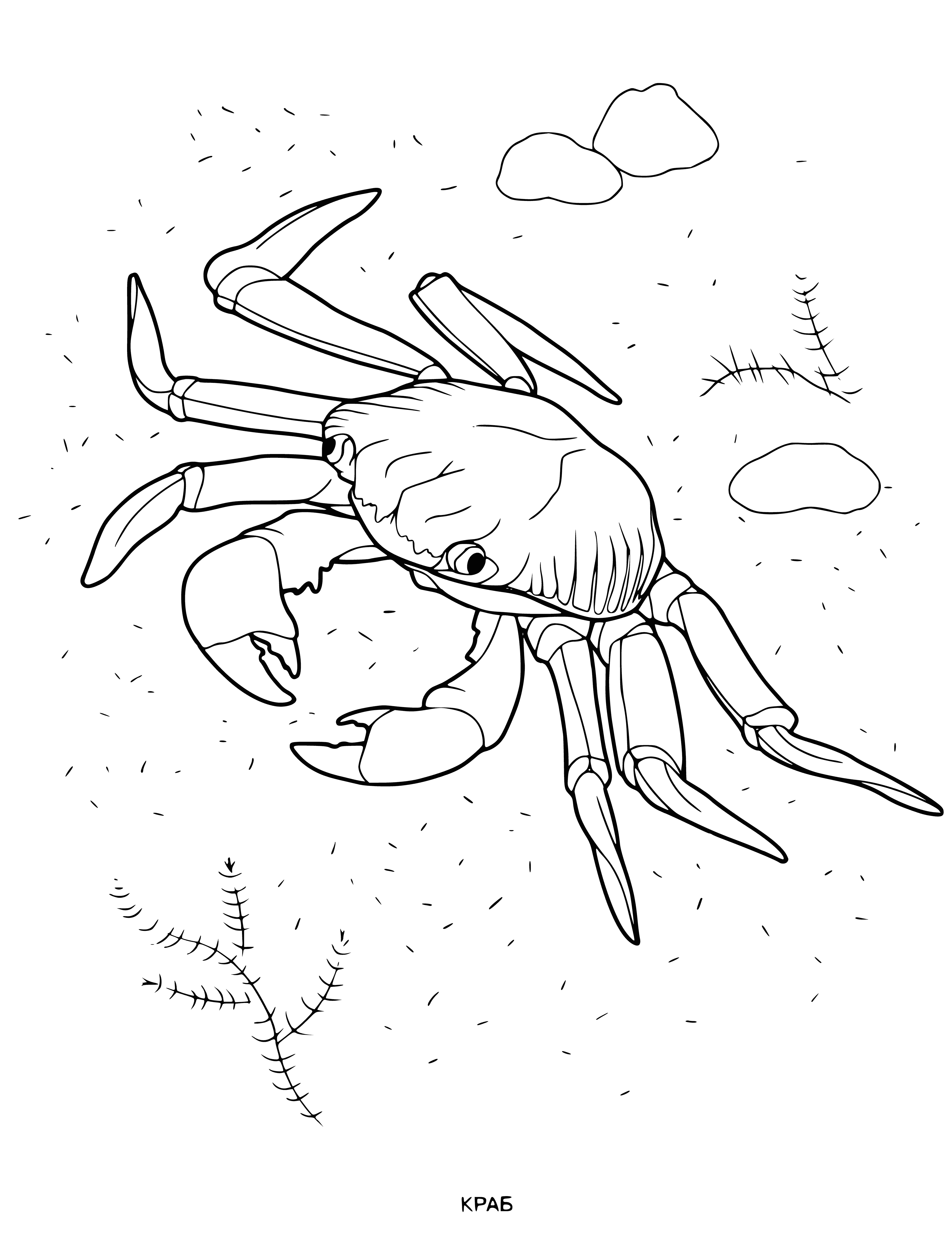 coloring page: A red crab with two large claws is sitting on a rock looking at the camera.