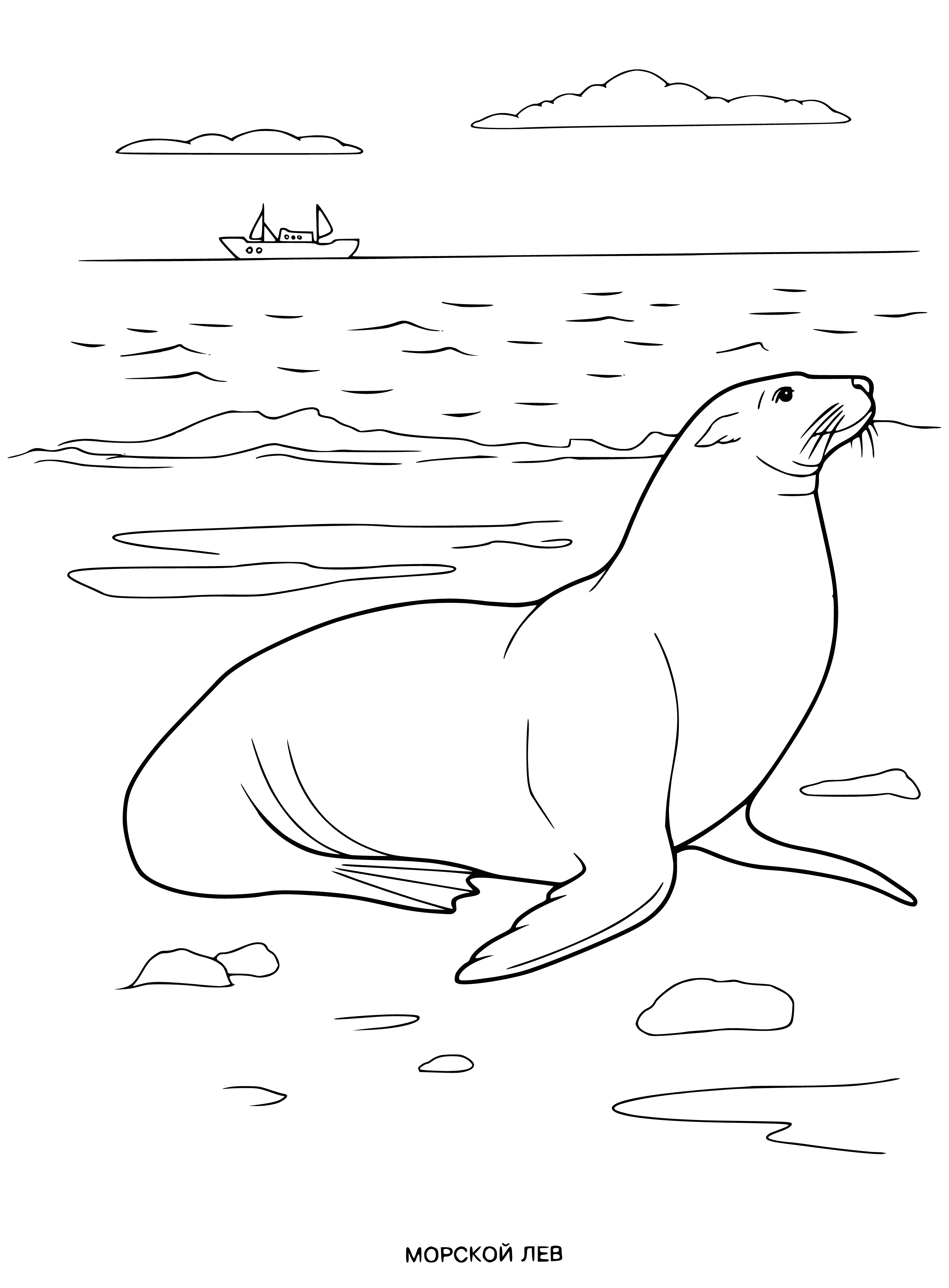 coloring page: Large animal in water - long body & tail, light brown fur, small head, big eyes, long nose, wide mouth, big front & small back fins.