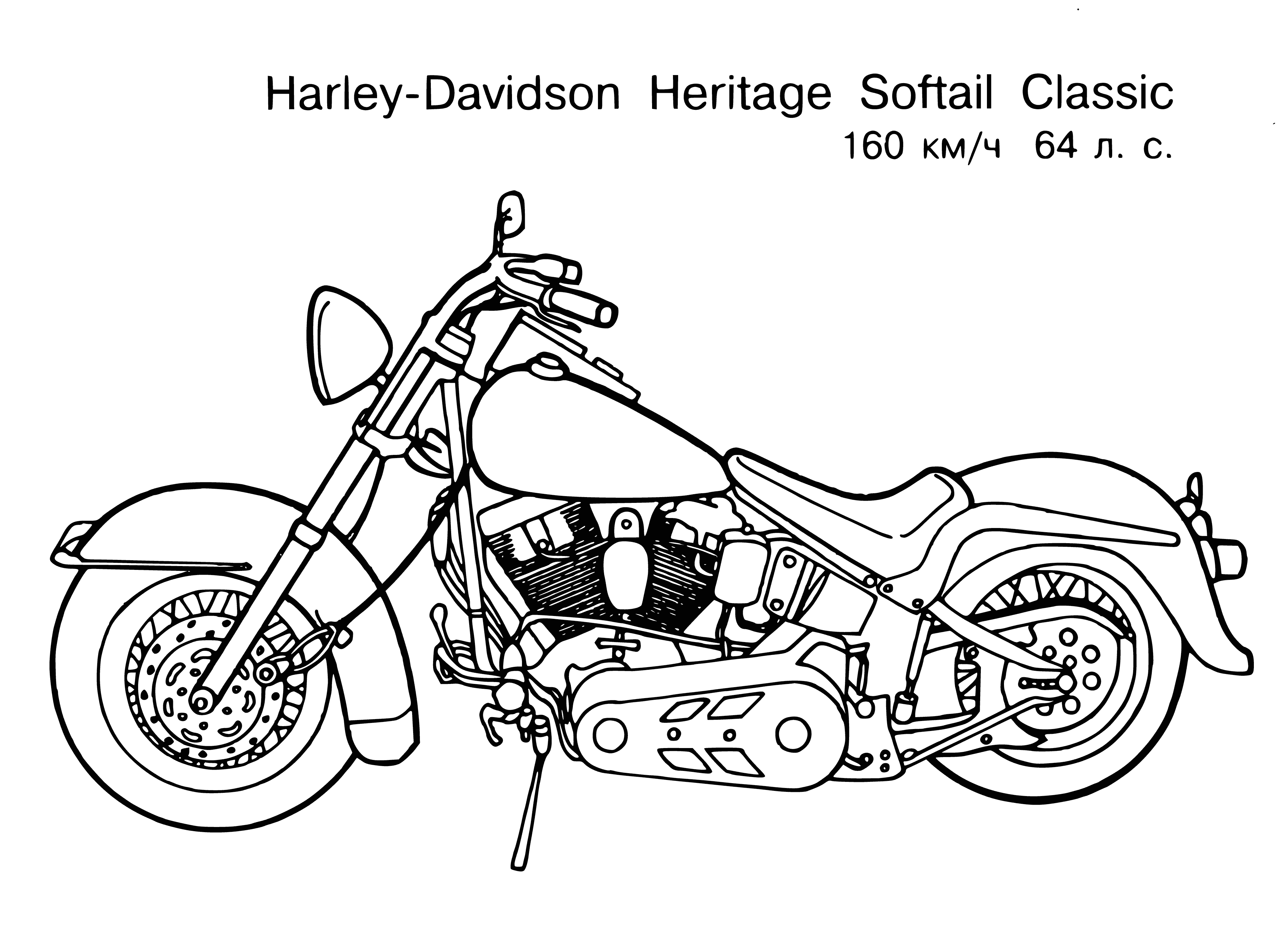 coloring page: Two-wheeled motor vehicle with an engine. Popular transport since early 1900s; loved world-wide.