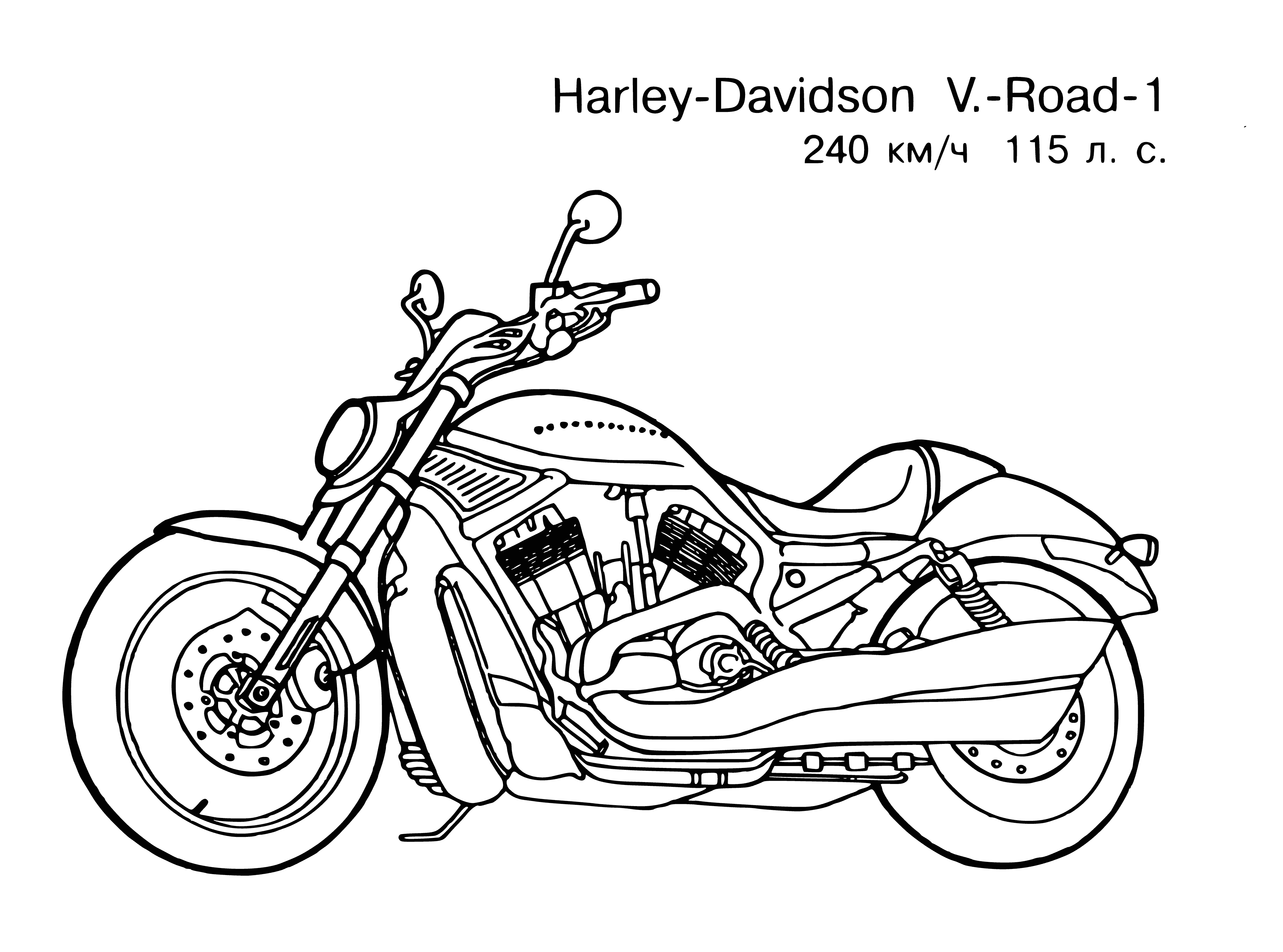 coloring page: 3 HD motorcycles, 2 parked - black + silver. Driving motorcycle also silver, all have HD logo. #HarleyDavidson