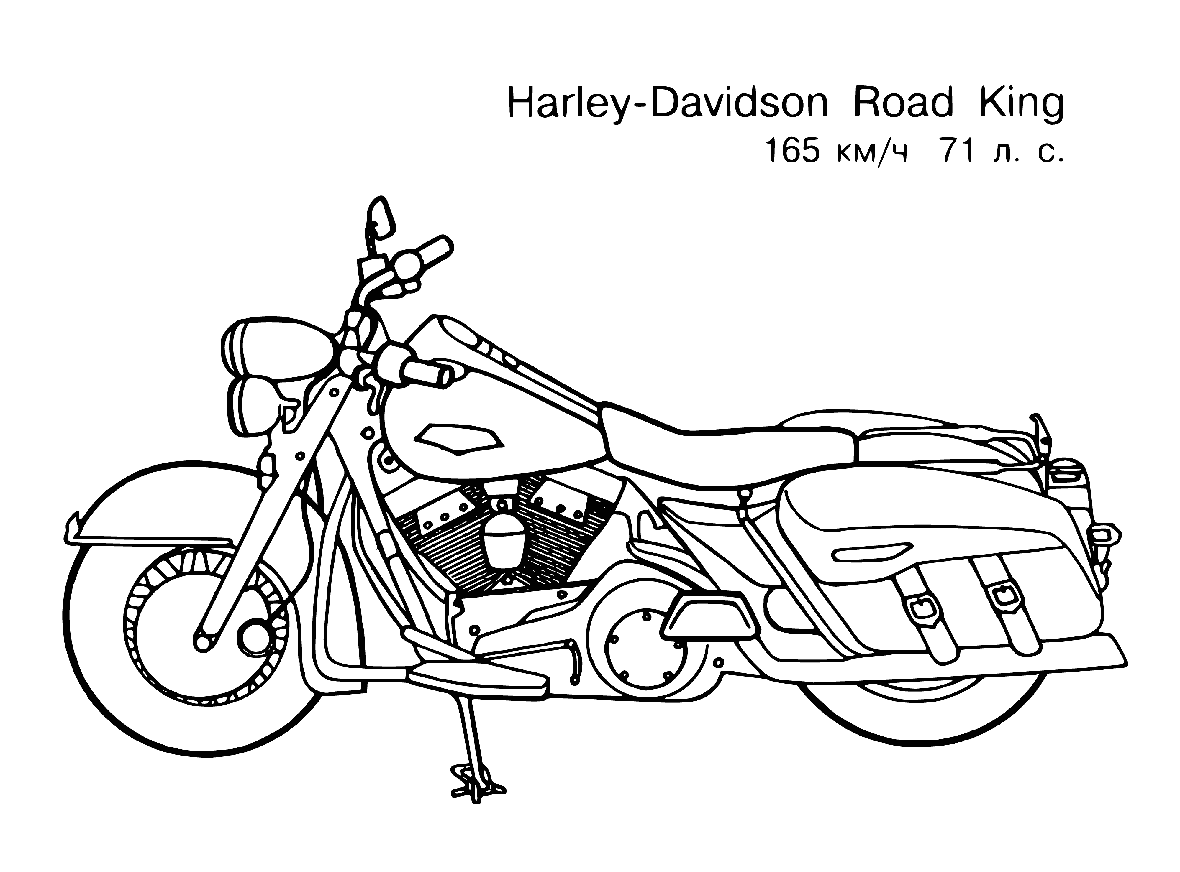 coloring page: Black motorcycle parked on city street w/ yellow decal, handlebars on right, dual headlights & chrome exhaust pipe.