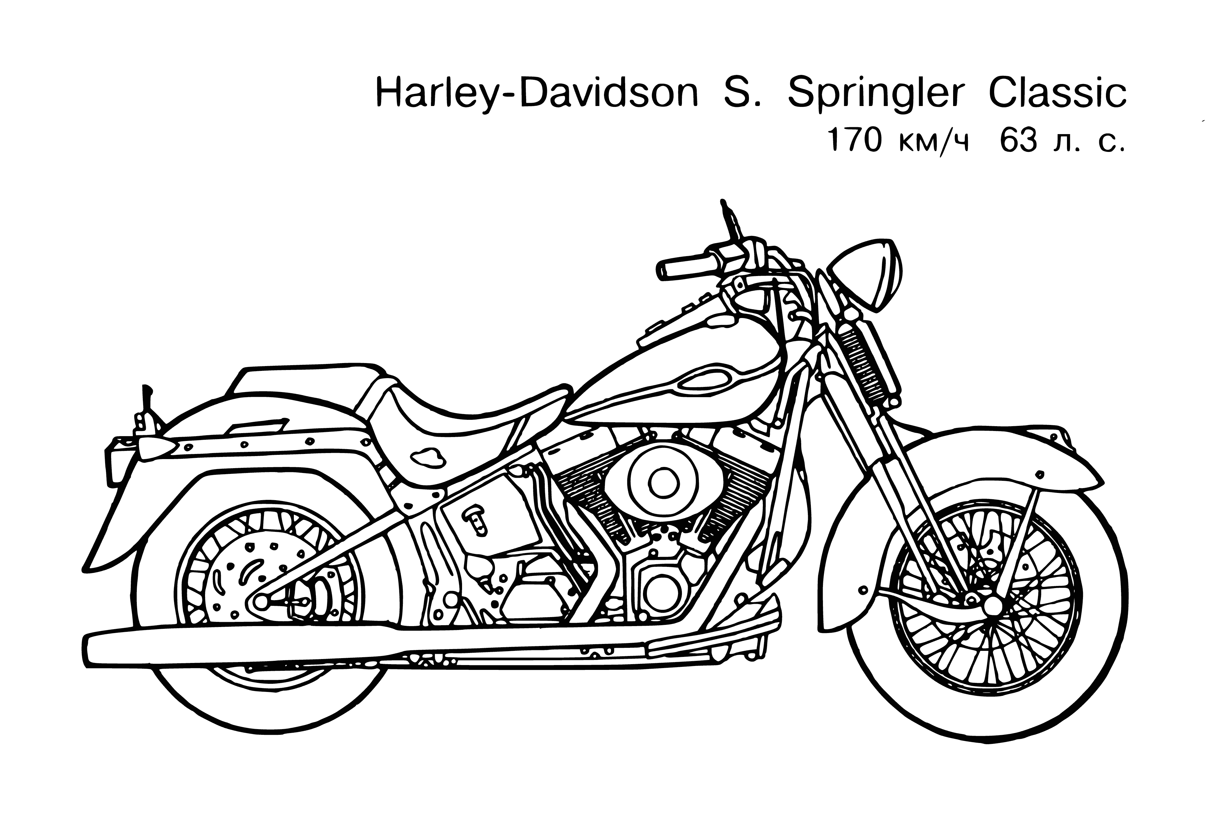 coloring page: Motorcycles are fast & loud 2-wheeled vehicles w/engines between rider's legs & wheels in back, much smaller than cars.