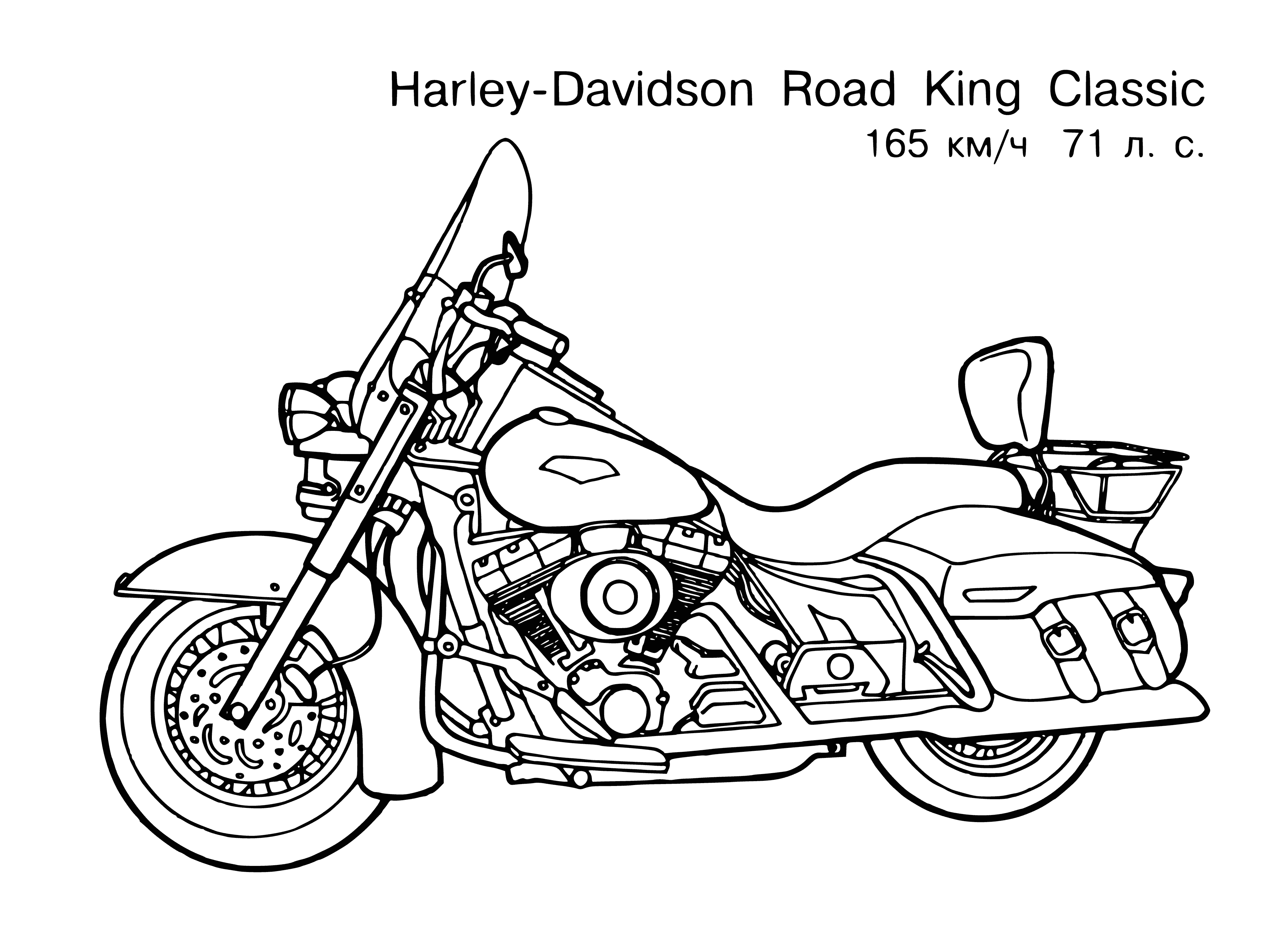 coloring page: Intimidating jet black motorcycle with yellow & red skull on tank & yellow headlights. Visible engine in metal cage. On black/yellow striped bg.