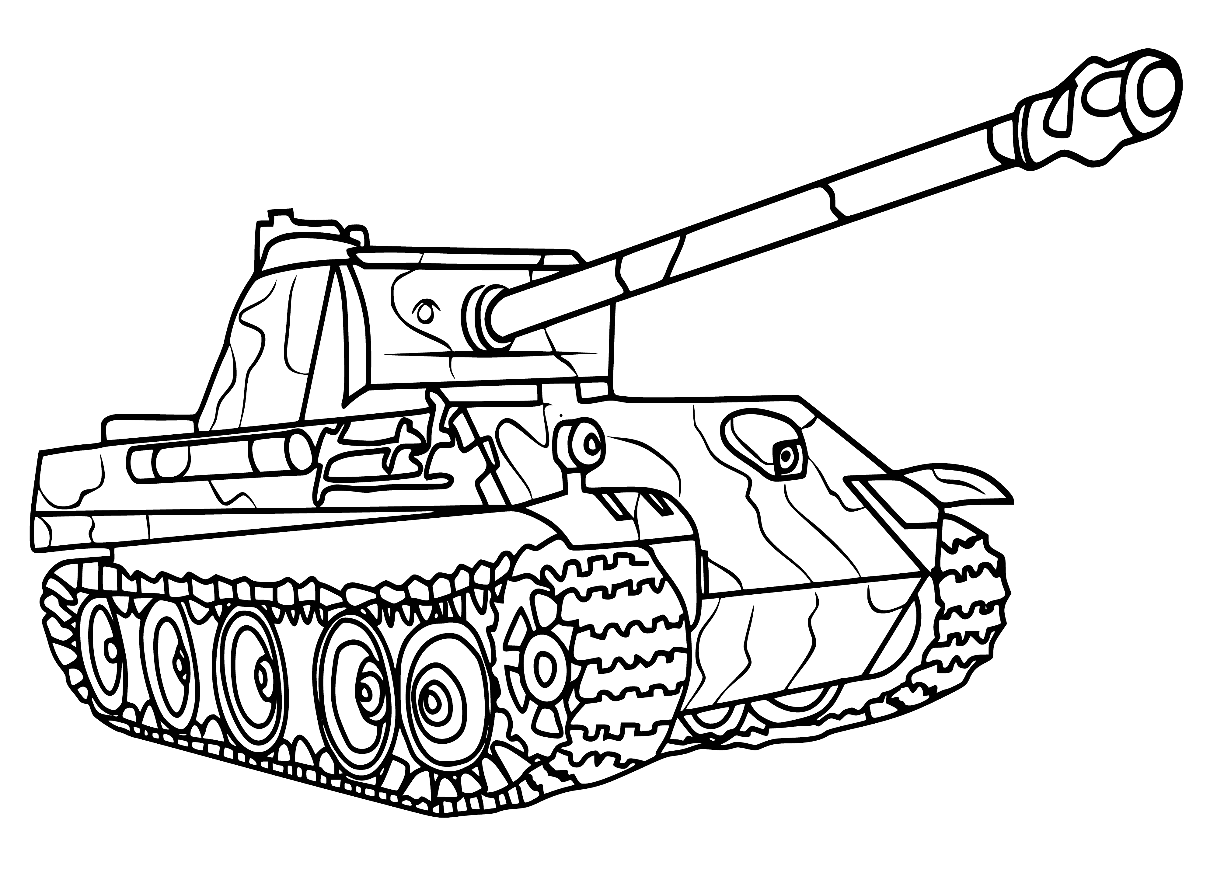coloring page: Tank in grassy field: large green w/turret, gun barrel & 4 black wheels; 2 large black tracks.