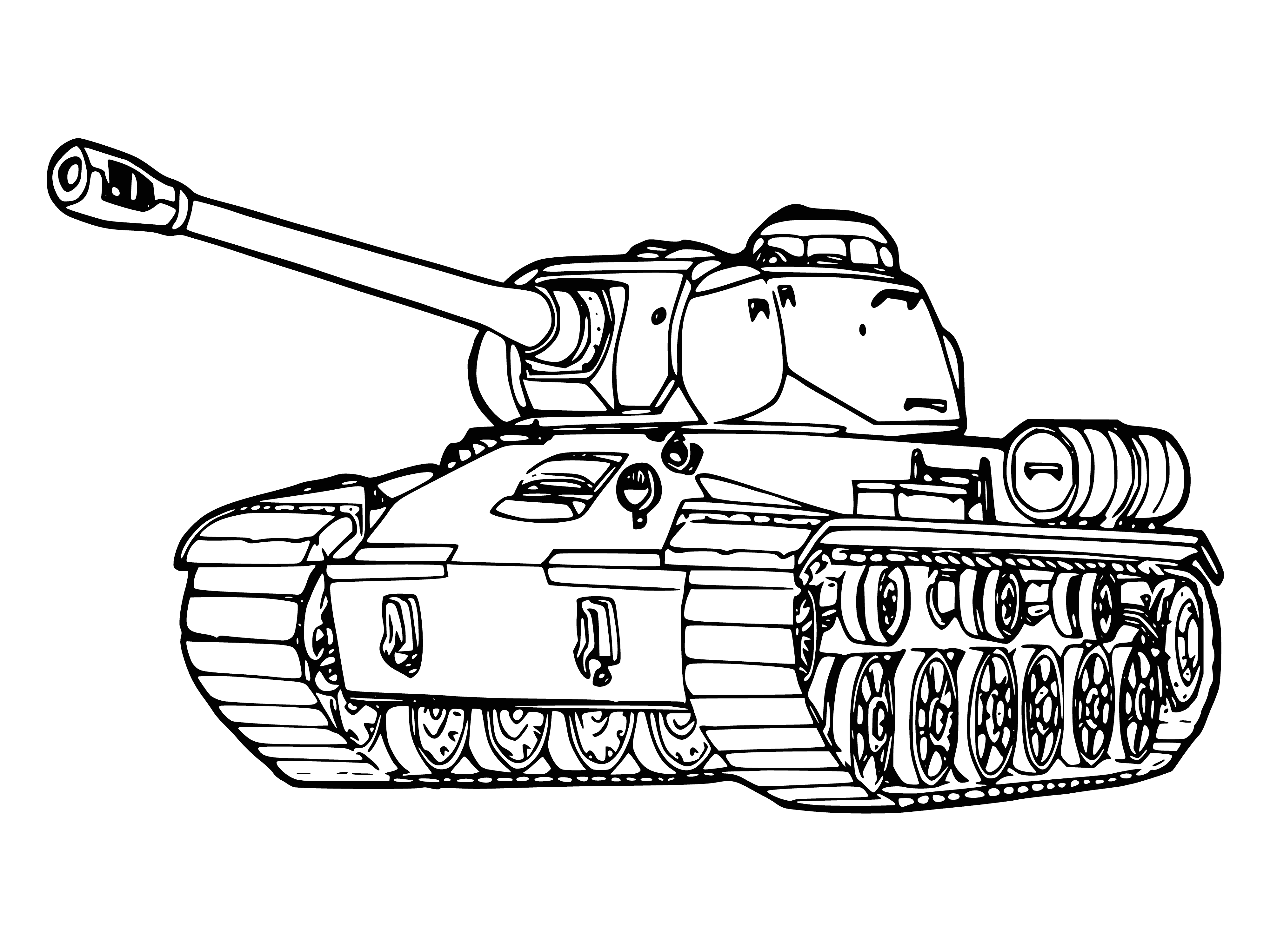coloring page: Large gray tank parked in a lot w/ turret, long barrel, 4 large black tires, and several hatches on top & sides.