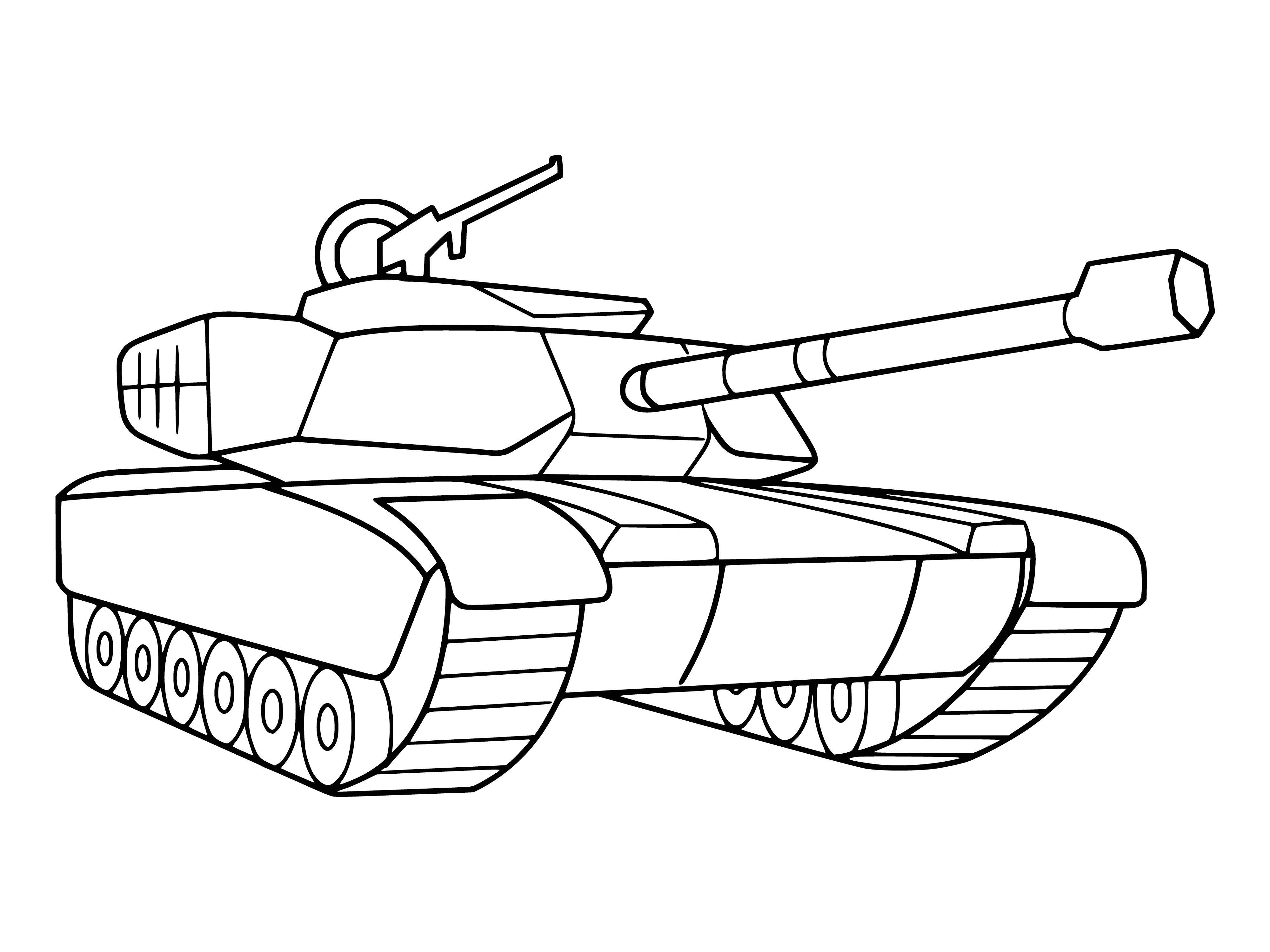 coloring page: Large metal vehicle w/ turret & gun barrel, on tracks.