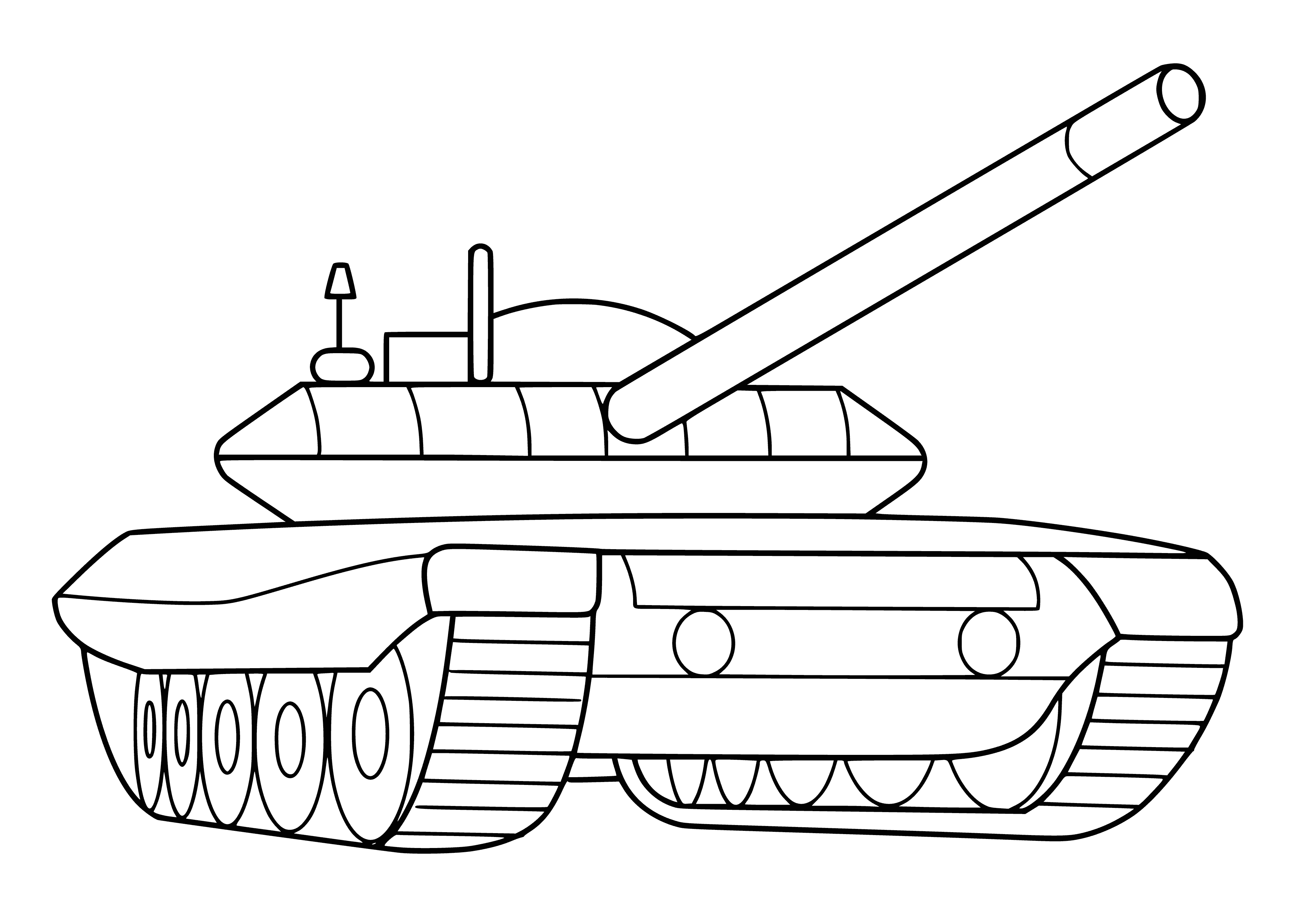 coloring page: A large metal machine with a big gun, side window, back door, and treads.