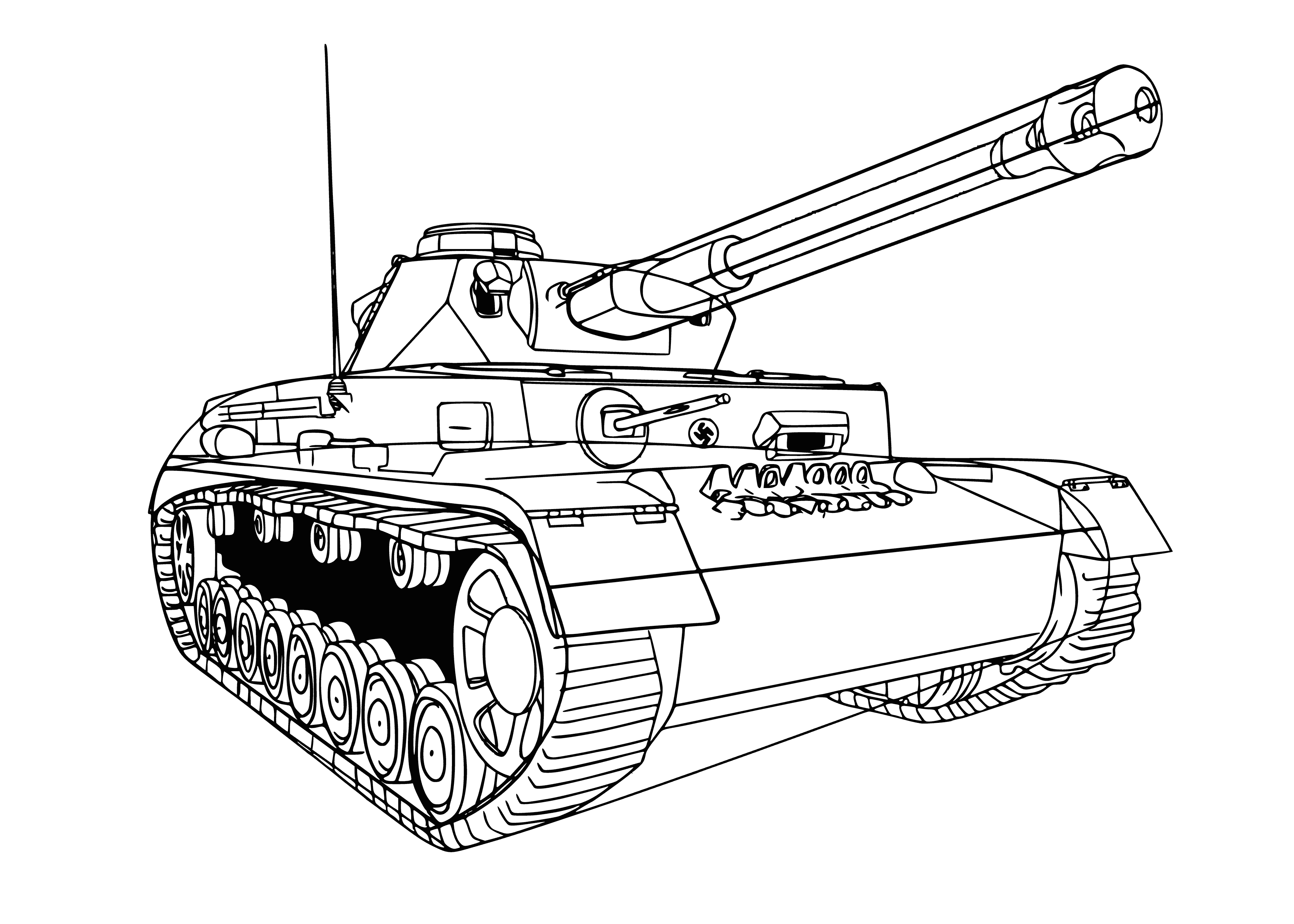 coloring page: Tank drives through muddy field with turret, gun, & armor to protect soldiers from enemy fire. #army #tank
