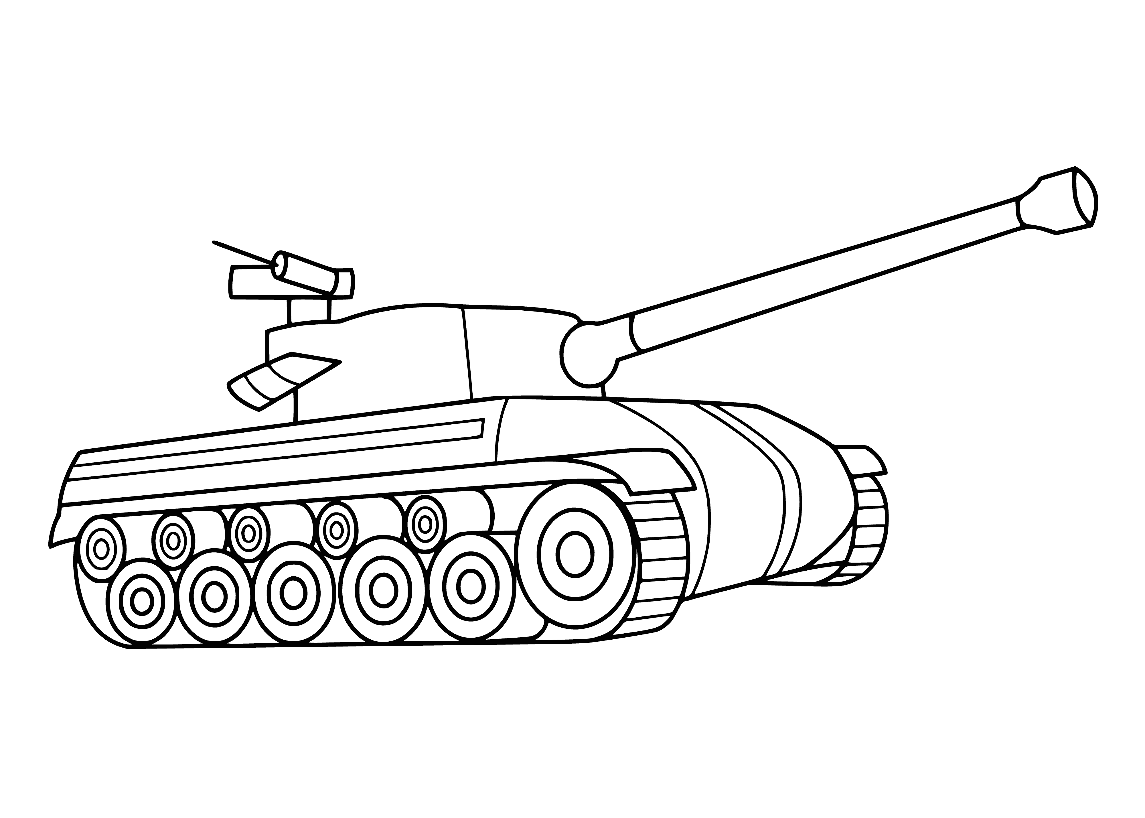 coloring page: Green tank w/camouflage markings, turret & treads. Soldier standing beside it.