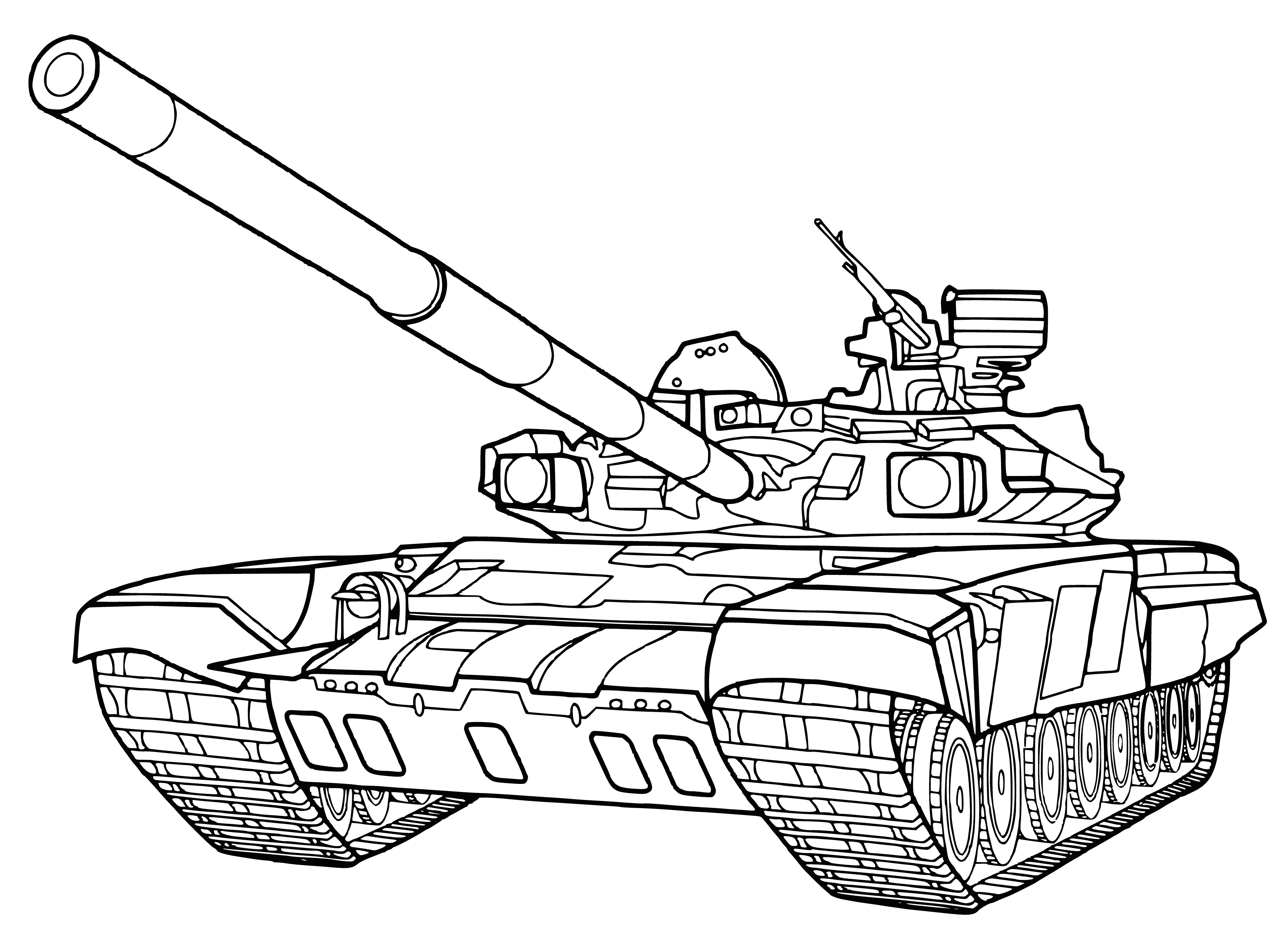 coloring page: Four tank-like vehicles driving on snowy road in coloring page; big guns on dark gray tanks, small dark gray car behind them.