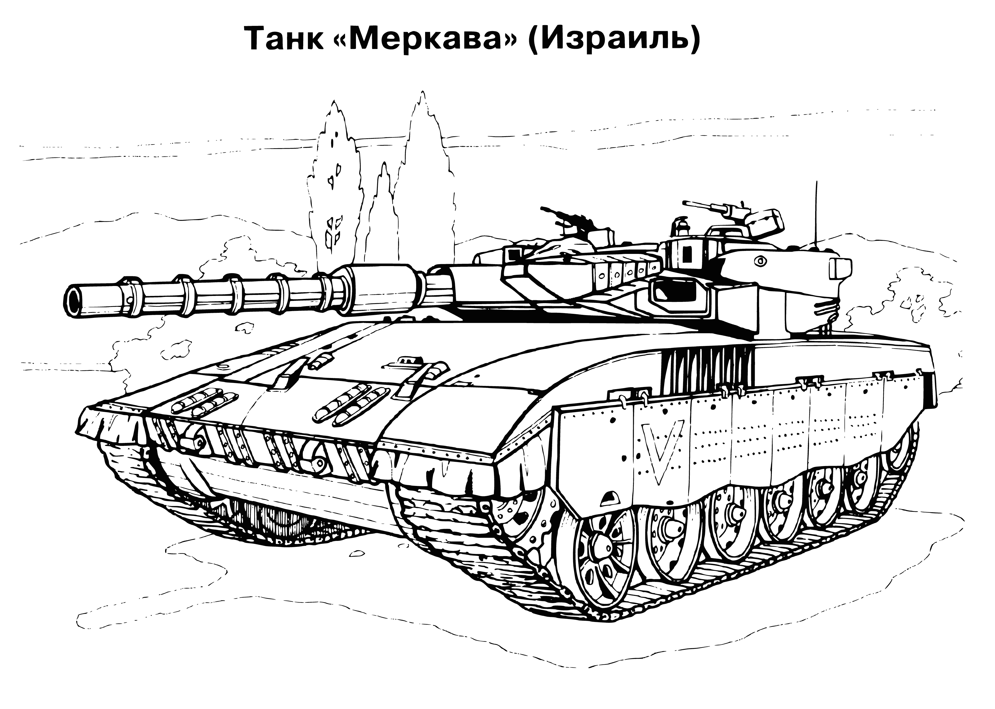 coloring page: Four tanks in a line with guns and flags. People on top. Ready to go!