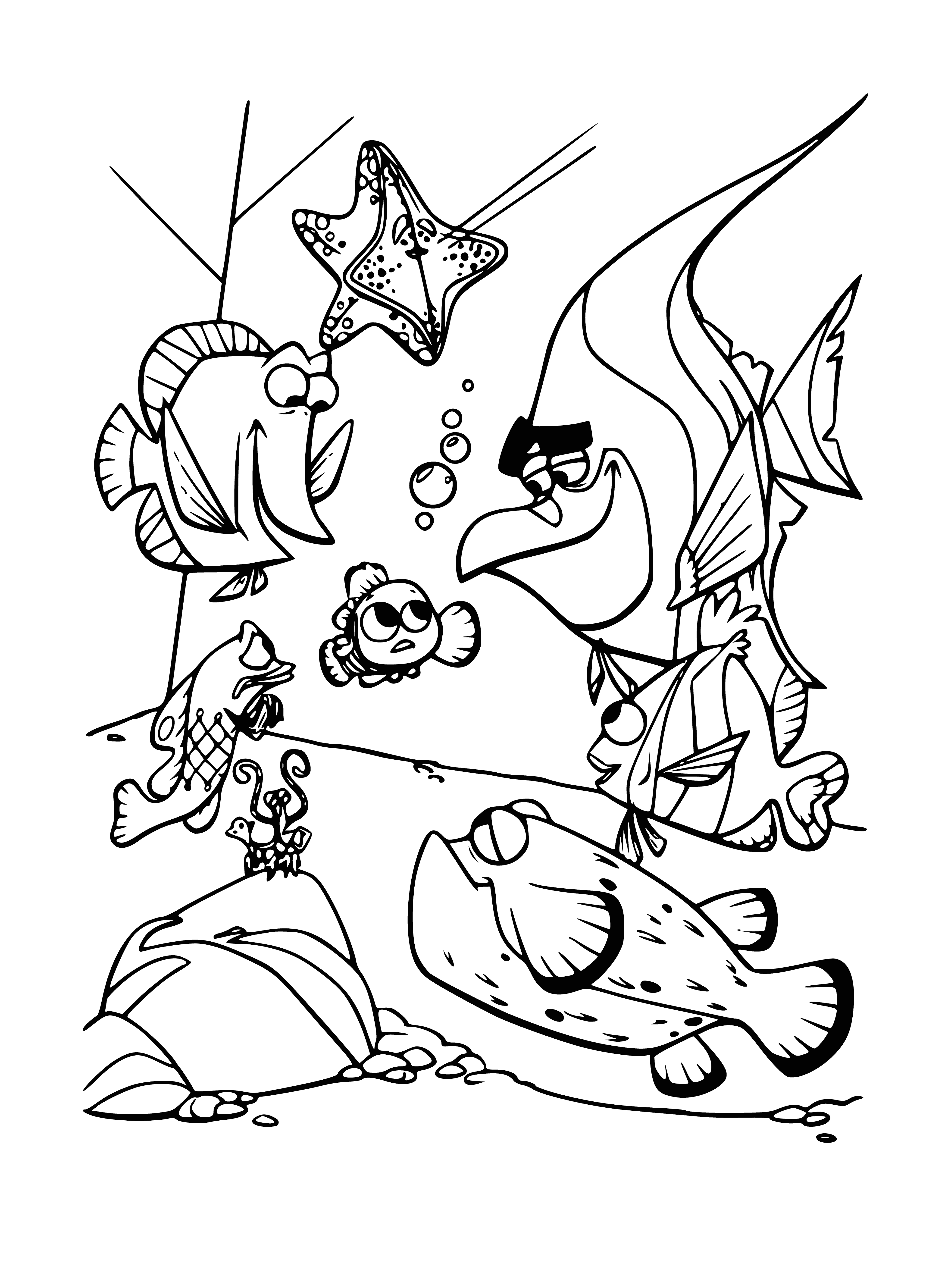 coloring page: Nemo, an orange and white striped clownfish, is happily swimming around an aquarium with a big smile!